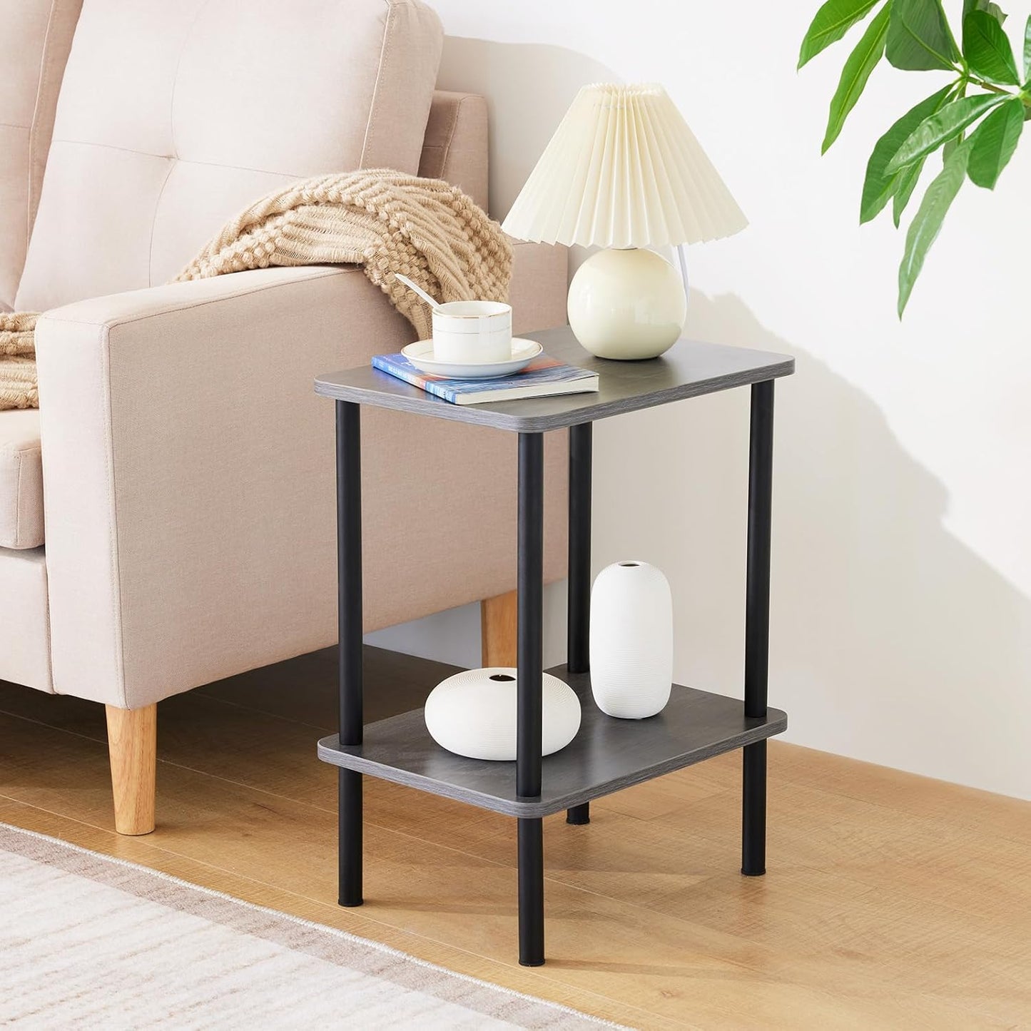 Apicizon 2 Tier End Table Set of 2, Boho Side Table with Storage Shelf, Nightstand Bedside Table for Small Spaces, Bedroom, Living Room, Entryway, Farmhouse, Easy Assembly, Grey