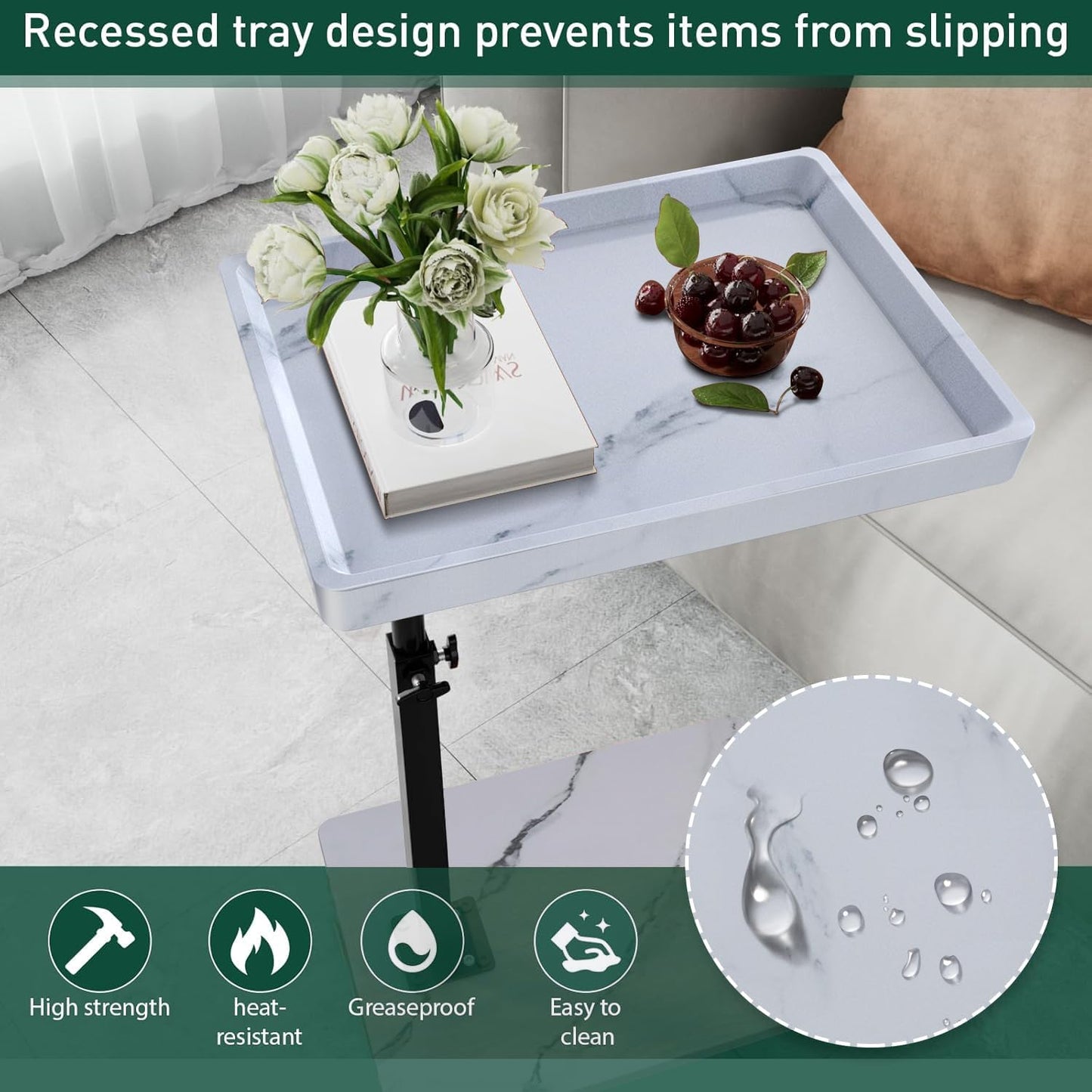 C Table End Table Adjustable Height, 360°Swivel TV Tray Table for Small Spaces, Couch Tables That Slide Under, C Shaped Side Tables Living Room and Bedroom for Sofa, Bed,Chair, Snack (White)