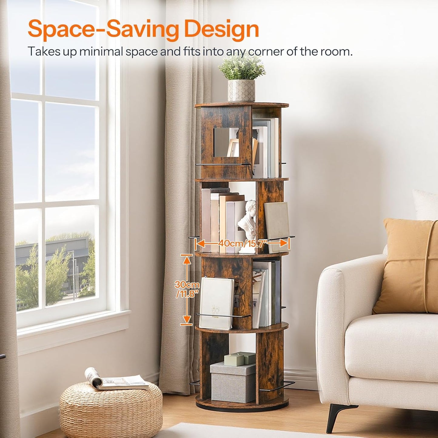 HOOBRO Rotating Bookshelf, 360° Spinning Bookshelf for Small Spaces, 4-Tier Floor Standing Bookcase Storage Rack, Wooden Corner Bookcase for Living Room, Study, Office, Rustic Brown and Black FG54SJ01