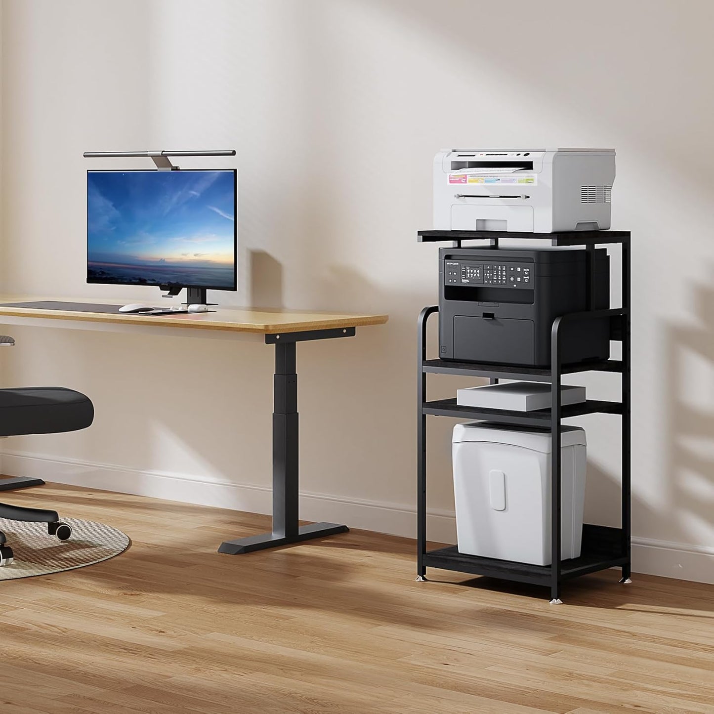 4 Tier Printer Stand with Storage Shelf, Large Tall Printer Table for Home Office, Mobile Printer Cart with Industrial Wheels for Paper Shredder Scanner Fax Heat Press Small Space Organization (Black)
