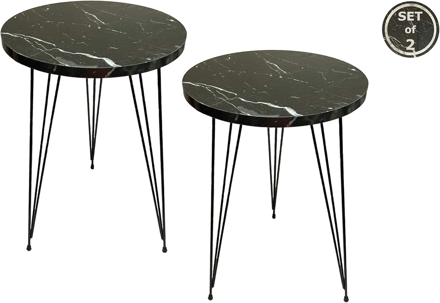 PAK HOME Set of 2 Black Marble End Tables Round Wood Sofa Side Coffee Tables for Small Spaces, Nightstand Bedside Table with Metal Legs for Bedroom, Living Room, Office, Balcony