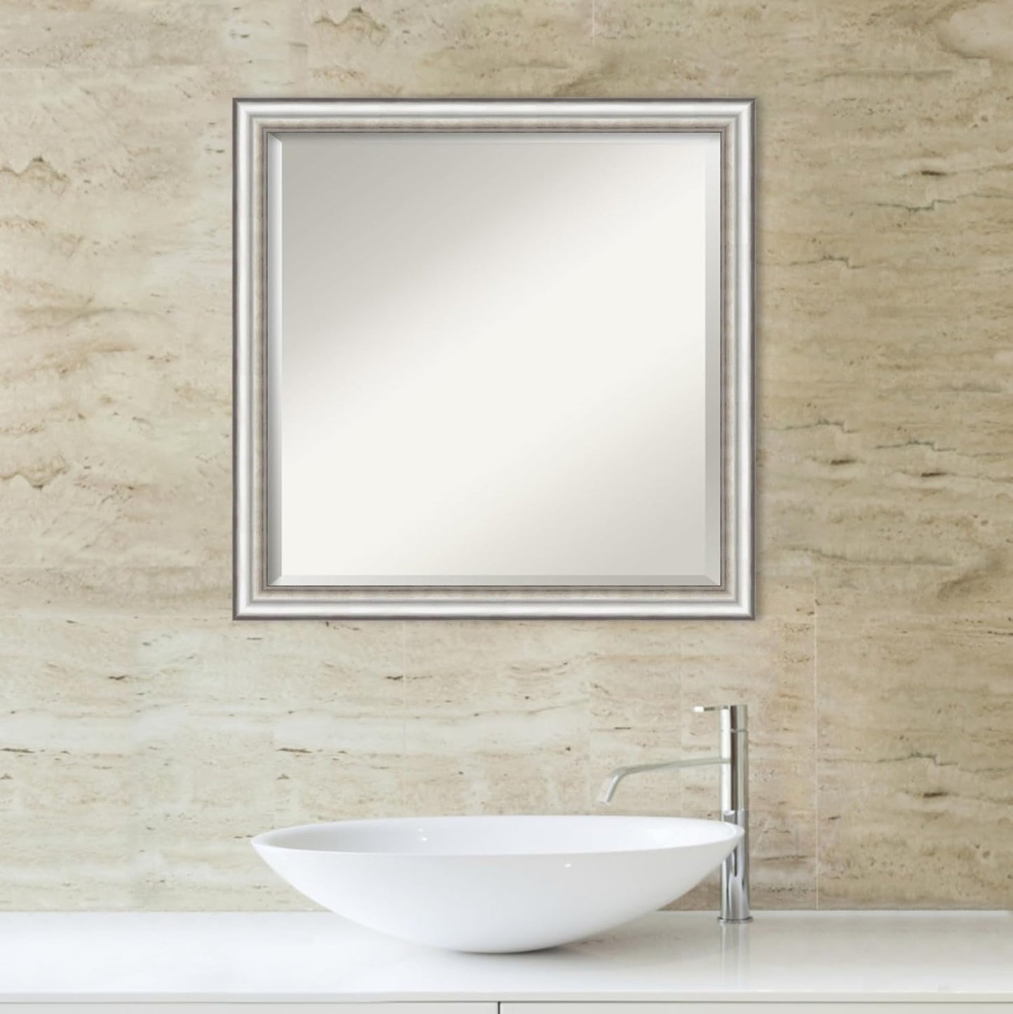 Amanti Art Silver Bathroom Mirror for Over Sink, 23x23 Salon Silver Narrow Square Vanity Mirror, Medium Traditional Frame, Hangs Horizonally and Vertically, Bathroom Wall Decor, Beveled Edge