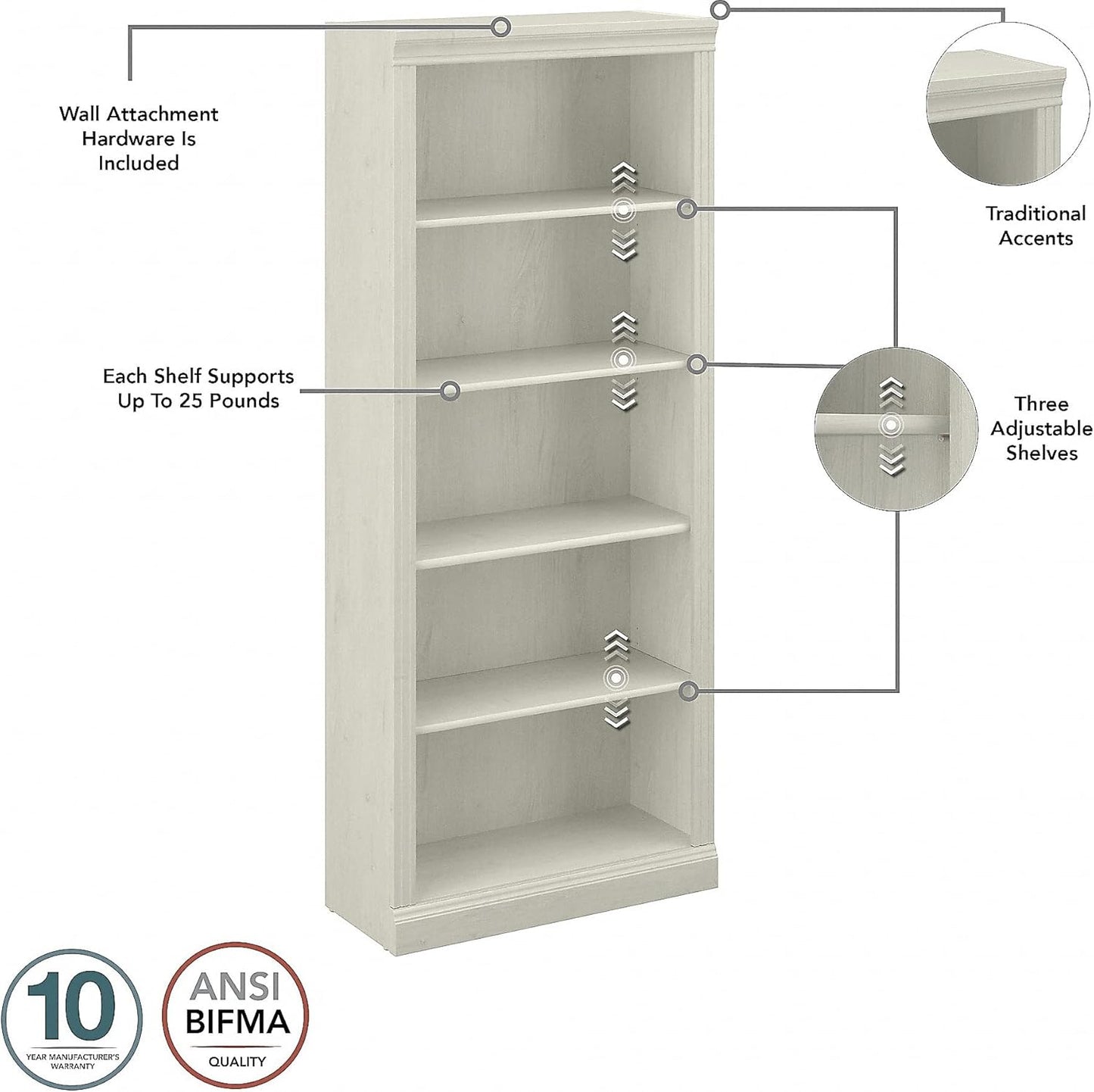 Bush Furniture Saratoga Tall 5 Shelf Bookcase in Linen White Oak, Home Office Organizer, Vertical Storage Solution for Books and Office Supplies, Tall Bookshelf