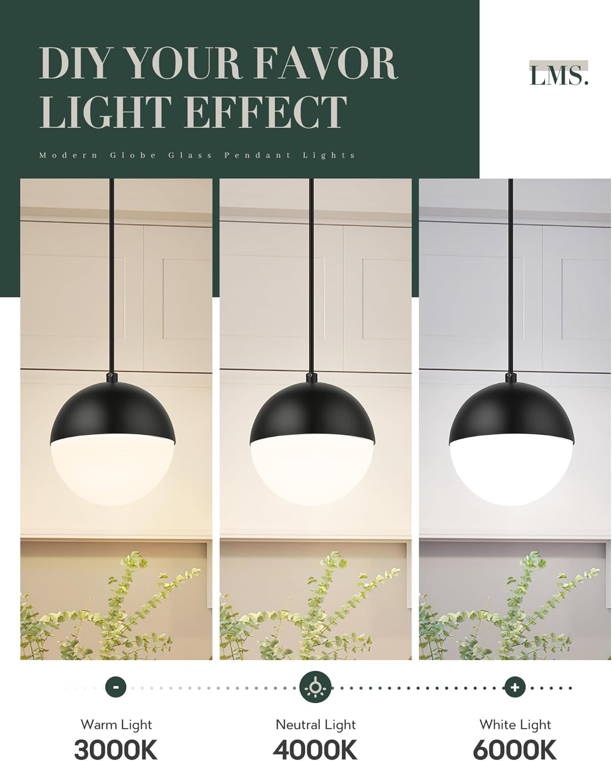 LMS Mid Century Pendant Lights, Matte Black Kitchen Island Light Fixtures with White Globe Glass Shade, Adjustable Hanging Cord, 3 Pack for Home Office Dining Room Bathroom, LMS-186PL-BKWS3PK