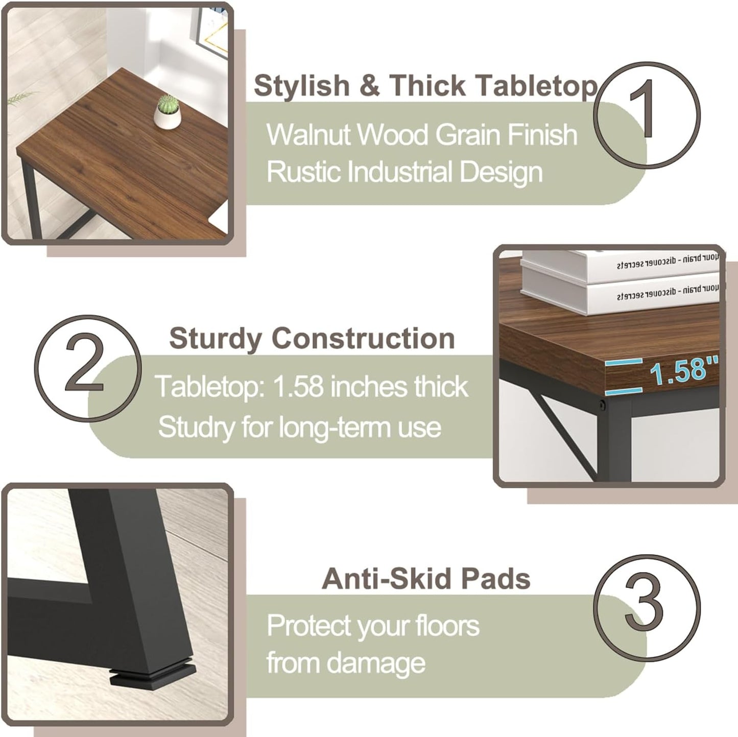 FOLUBAN Modern Computer Desk, Rustic Wood and Metal Study Writing Table, Simple Work Gaming PC Desk for Home Office, Walnut 53 Inch