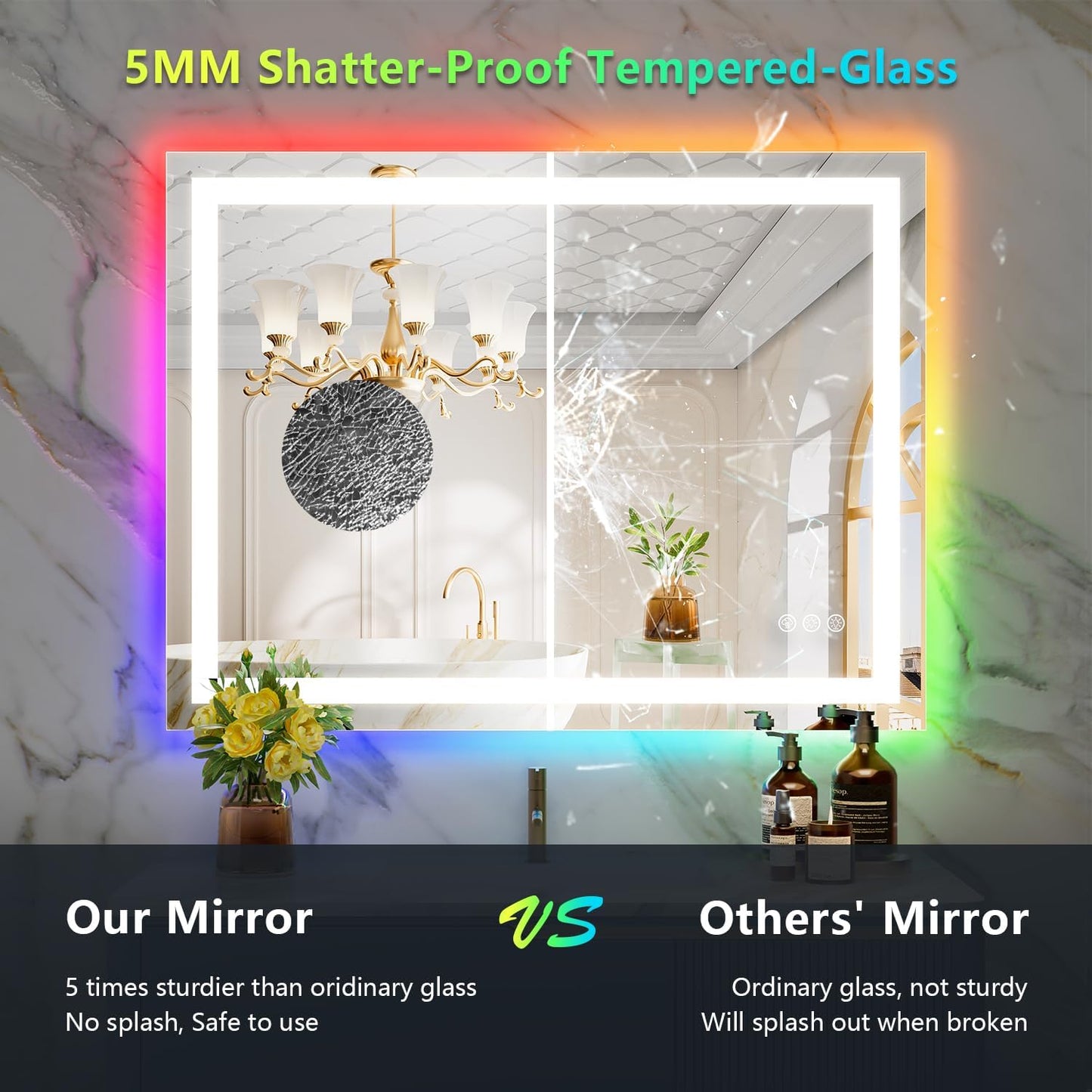 40x30 Inch RGB LED Bathroom Mirror Front Light and RGB Backlit Lighted Vanity Mirror for Bathroom Wall Mounted Dimmable Anti Fog Memory Shatter-Proof IP54 Waterproof Horizontal/Vertical