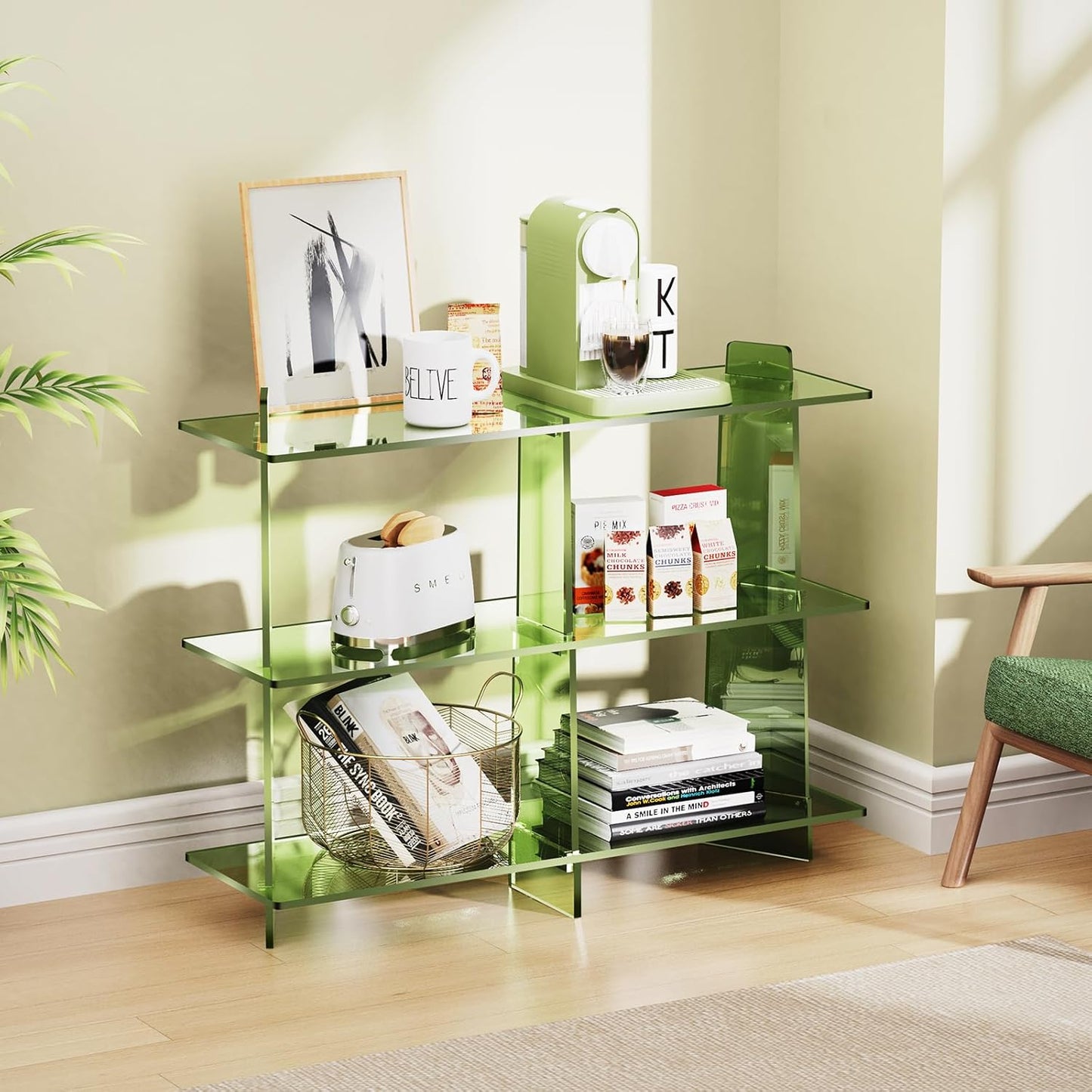 Acrylic Bookshelf, Small 3 Tier Open Bookcase for Small Spaces,Sofa Table, Hallway Entry Table for Home Living Room (Green, 39.4'' x 11.8'' x 31.5'')