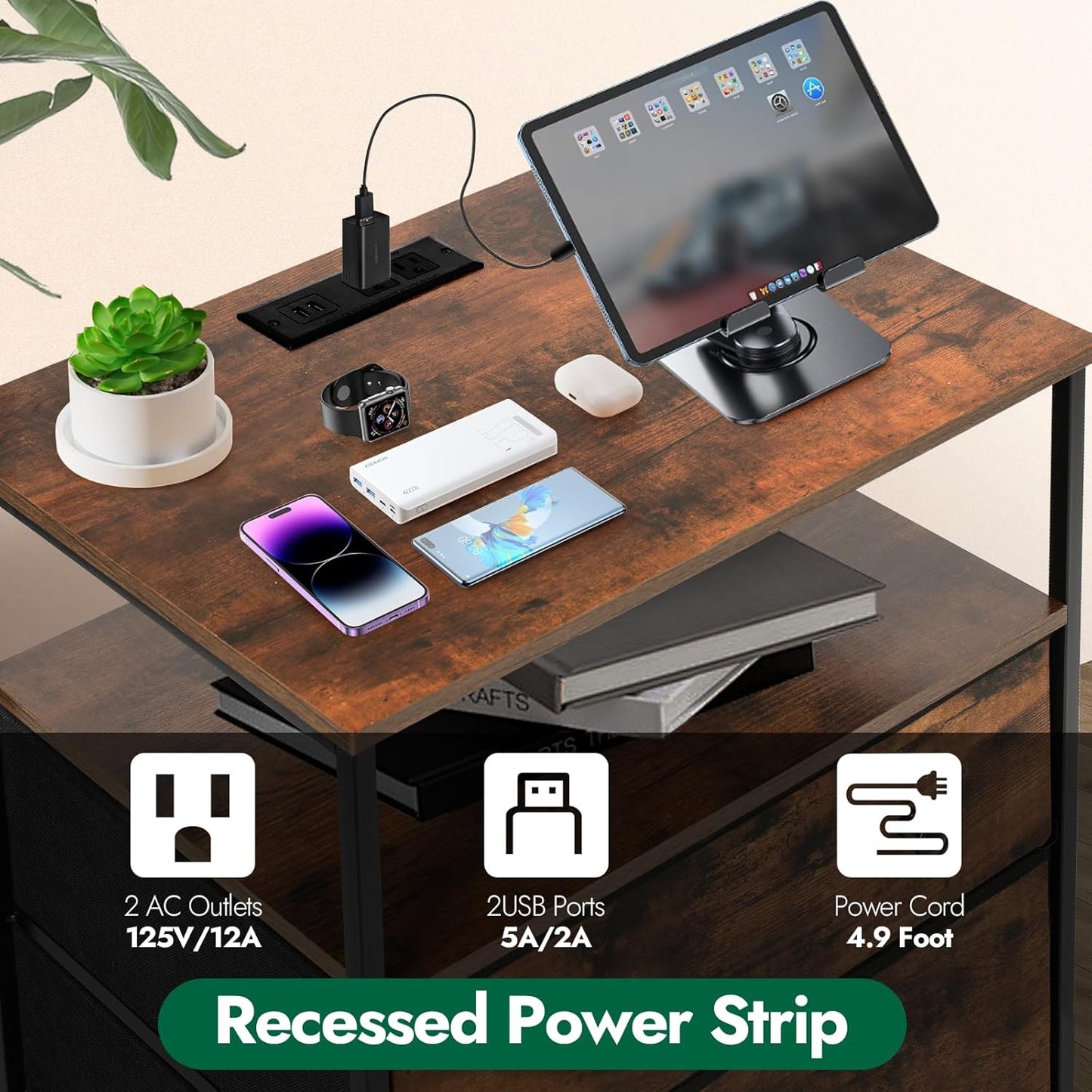 3 Drawers Dresser with Charging Station, 24 Inch Wide LED Night Stand with Adjustable Fabric Drawer, Nightstand with Storage Shelf for Living Room/Bedroom/Office, Rustic Brown.