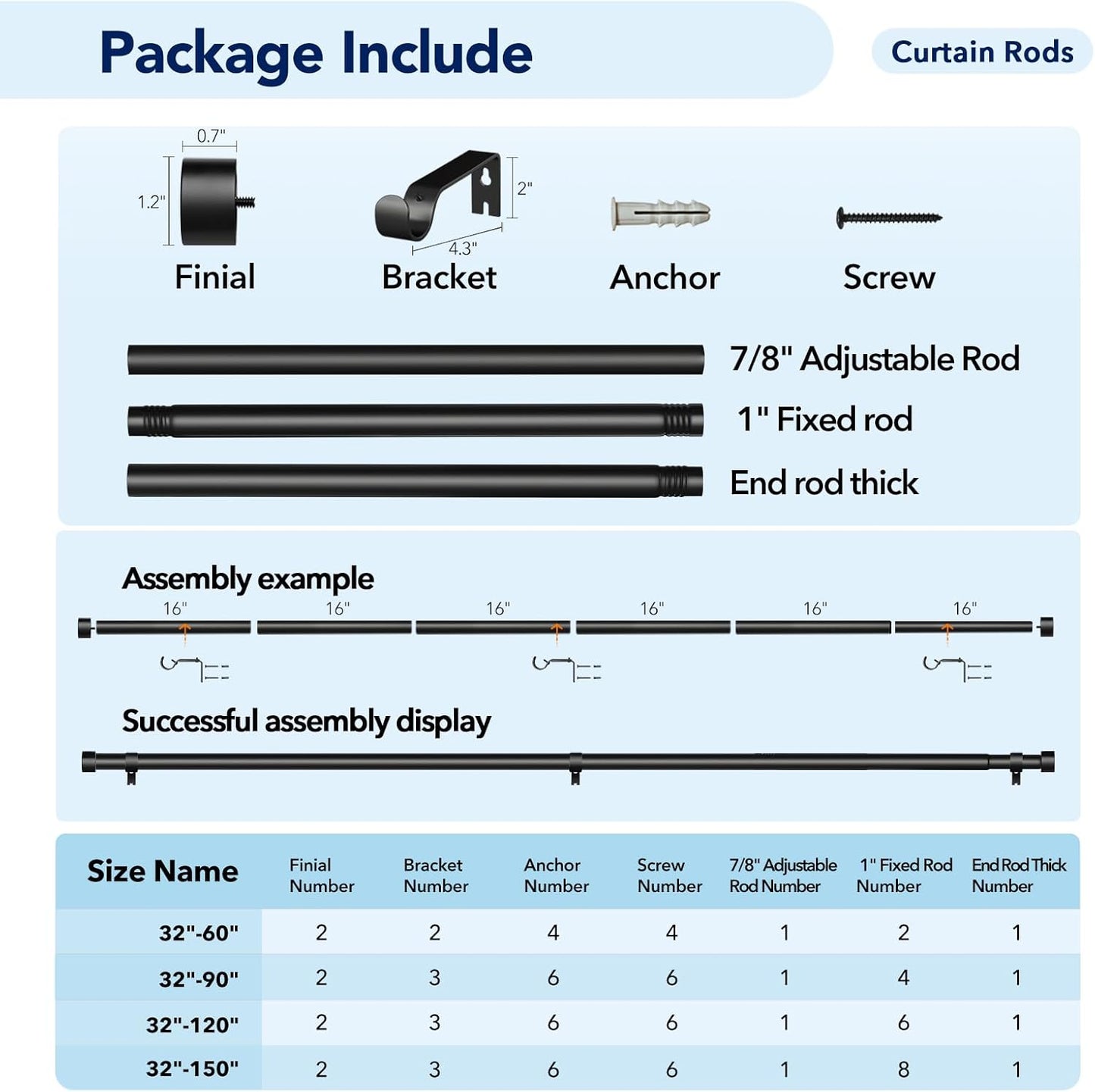 2 Pack Curtain Rods for Windows 66 to 120 Inch(5.5-10ft), 1 Inch Black Heavy Duty Curtain Rod Set, Adjustable Extra Long Outdoor Drapery Rods for Patio, Size 32"- 120"