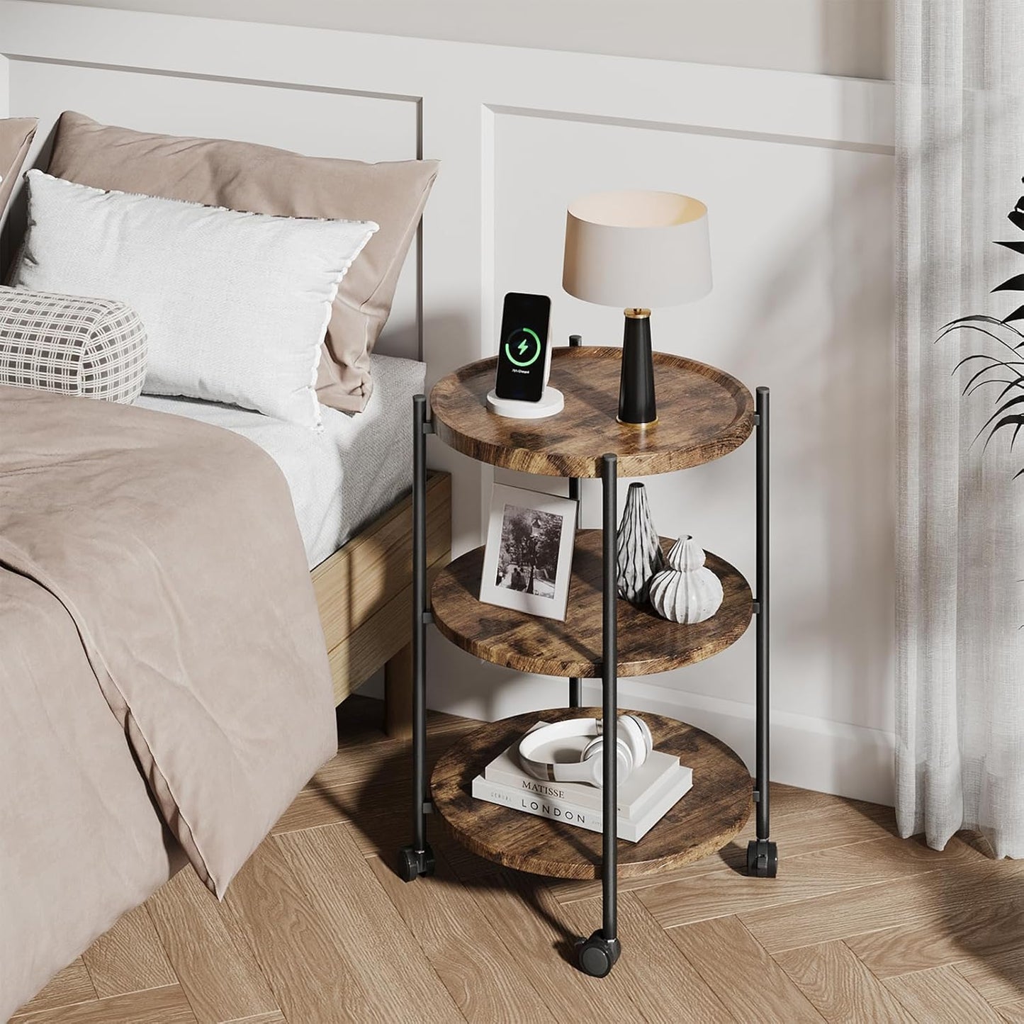 Side Tables Living Room, 3-Tier Modern End Table with Wheels, Small Side Table Nightstand Bedside Table for Living Room, Bedroom, or Small Spaces-Rust Brown