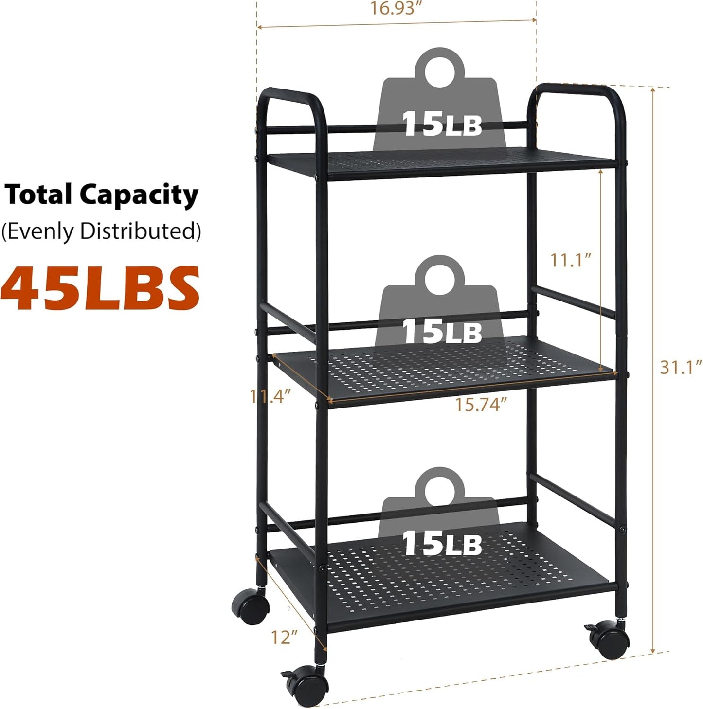 SunnyPoint 3-Tier Rolling Utility Cart – Metal Storage Organizer with Wheels, Mobile Kitchen Cart, Office & Home Organizer, Black, 12" D x 16.92" W x 31.1" H