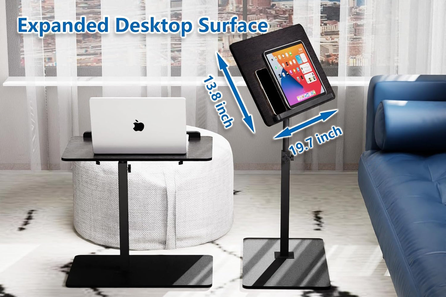 C Shaped End Table,20" W x 14" L,17"-31" Adjustable Height,Swivel and Turnable Desktop,Foldable Side Table for Small Spaces,Black Walnut (Black, 19.7" x 13.8")