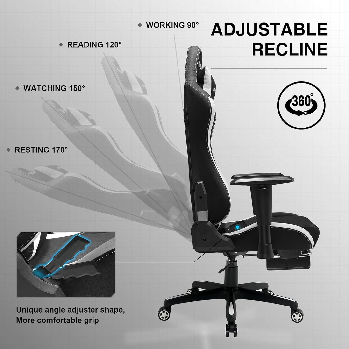 GTRACING Gaming Chair with Footrest, Fabric Breathable Big and Tall Ergonomic Computer Chair 350 lbs with Adjustable Lumbar Support and Recliner, High Back Game Chair for Office Gaming, Black