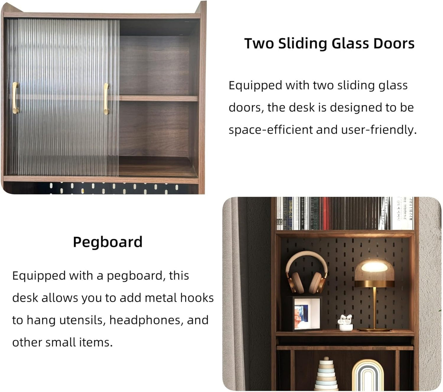 KEIKI Folding Home Office Desks with Pegboard, Glass Doors, Bookshelf & Storage Shelves, Modern Wooden Computer Table Workstation for Work, Study, Writing