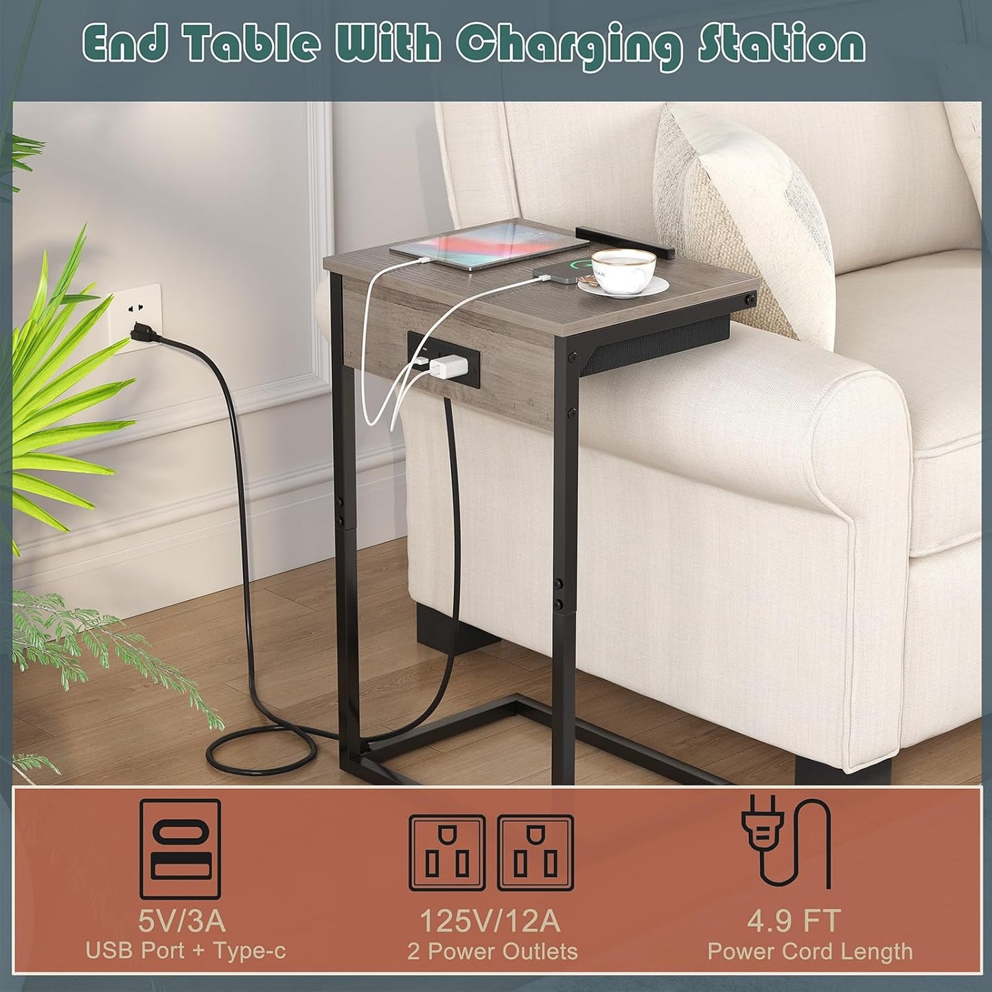 C Shaped End Tables with Charging Station, 45° Tiltable Adjustable Flip Top Side Table with Storage,Small C Table for Small Spaces,Slide Under Couch Sofa Bedside Tables for Living Room, Grey