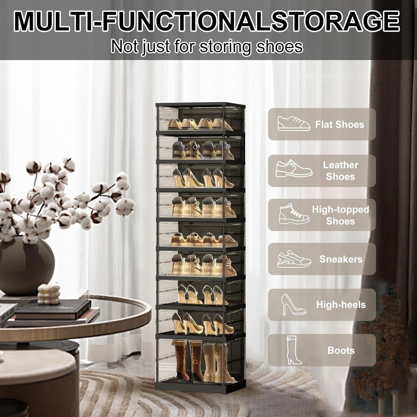 ELPHECO 9 Tier 18 Pairs Foldable Shoe Rack - Clear Shoe Rack Organizer, Folding Entryway Shoe Cabinet, Collapsible Sneaker with Magnetic Doors, Stackable Shoe Shelf,Three-Sided Clear Shoe Box, Black