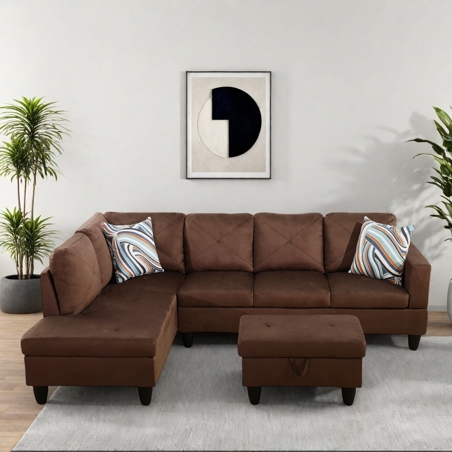 Modern Living Room Furniture Sets with Pillows, Modular Sectional Couches with Chaise Lounge, 4-Seaters L Shape Sofa with Storage Ottoman, for Living Room, Microfiber, Brown