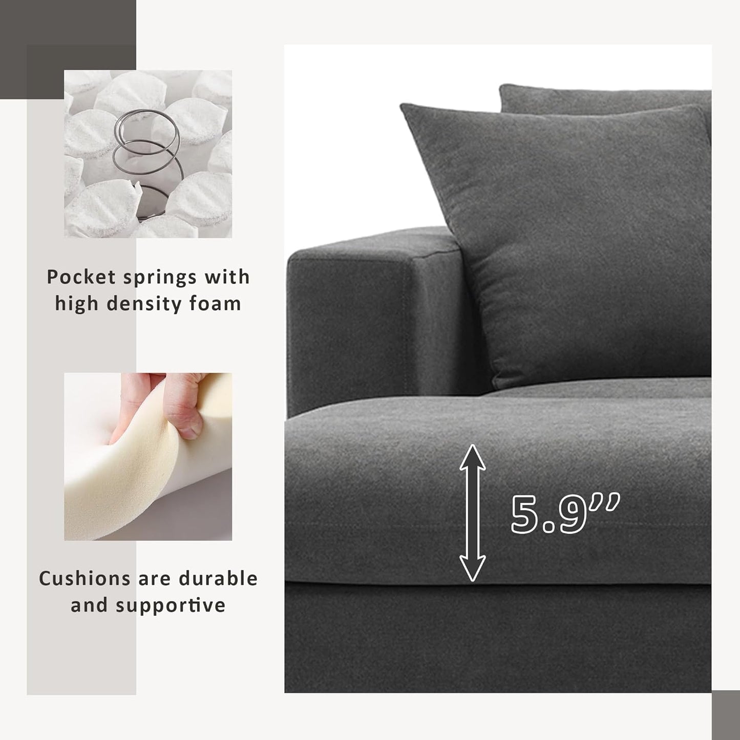 100" Modern Sectional Sofa with Convertible Ottoman,L-Shaped Couch Set W/ 2 Free Pillows,4-seat Polyester Fabric Indoor Luxury Furniture for Living Room, Apartment,Office,Dawn Grey