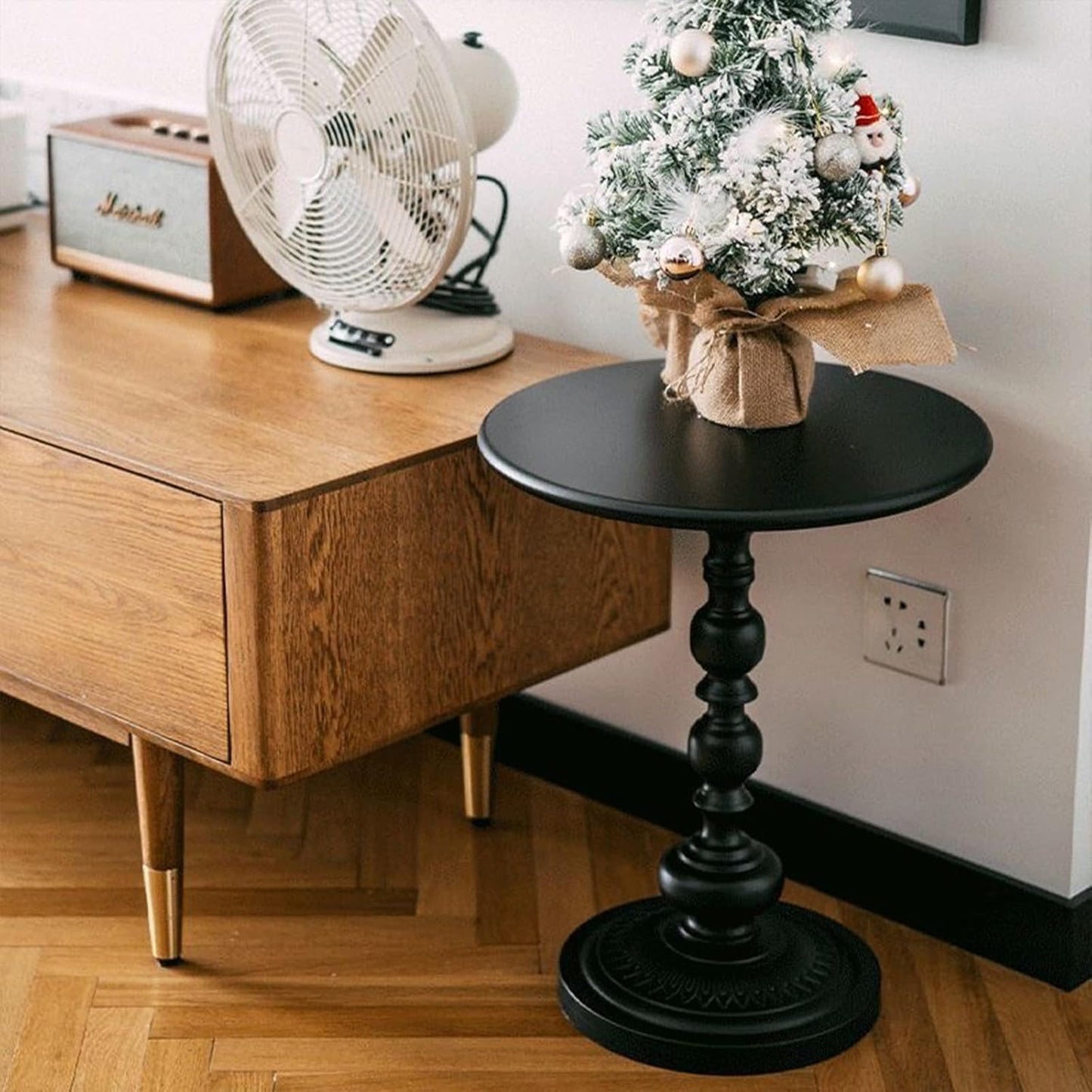 Chic Vintage Round Side Table with Elegant Roman Columns - Sturdy Metal Construction, Perfect for Coffee, End, Tea, or Leisure Use in Living Room or Bedroom Decor (Black Small 1 Pack)