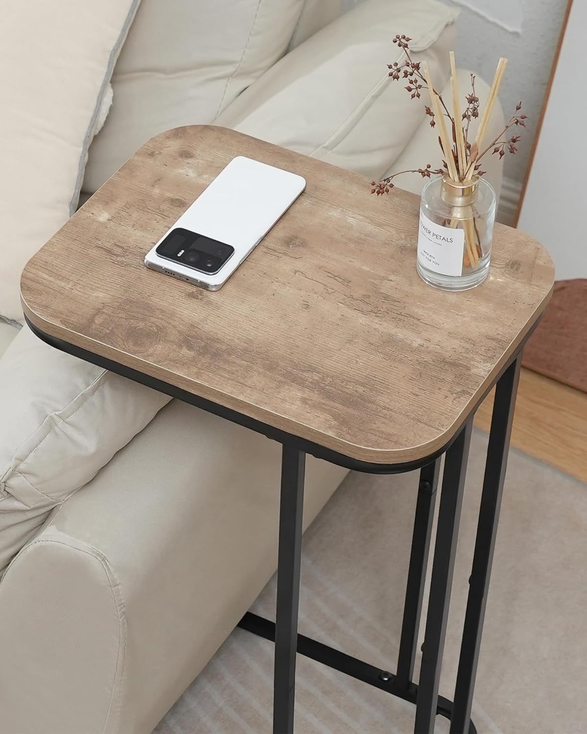 C Shaped End Table Set of 2, Small Side Table for Sofa and Bed, Couch Tables That Slide Under, Tall Tv Tray Table for Living Room, Bedroom, Greige + Black