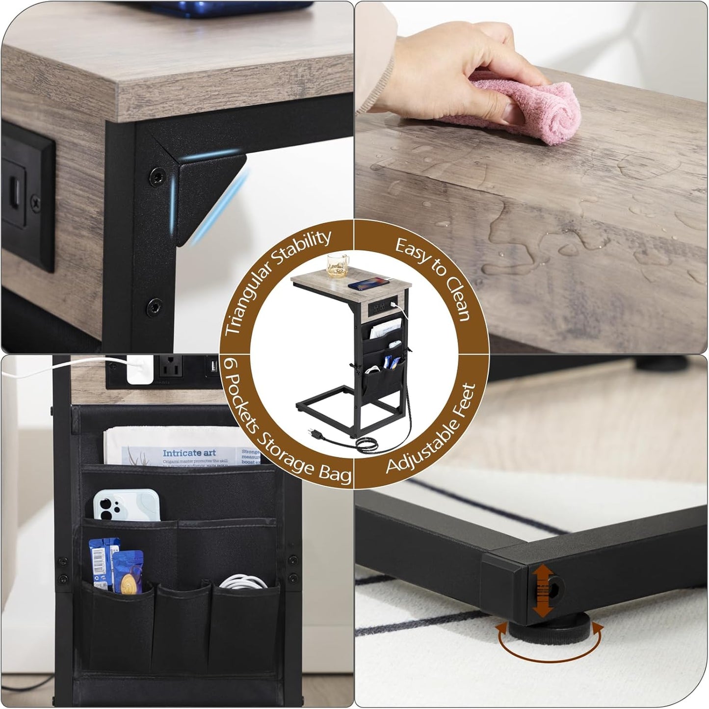 AMHANCIBLE C Shaped End Table with Charging Station, TV Tray Set of 2, Couch Tables with Storage Bag, Slide Under Sofa Side Table with USB Ports and Outlets for Living Room, Grey HET04CGY