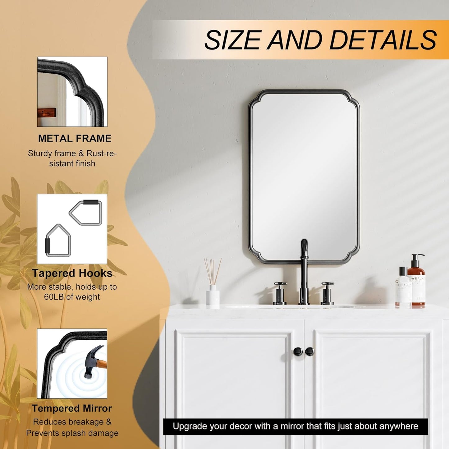 22x34 Inch Black Bathroom Mirror, Metal Framed Wall Mirror with Rounded Edges, Rustproof Horizontal Vertical Hanging for Vanity Over Sink