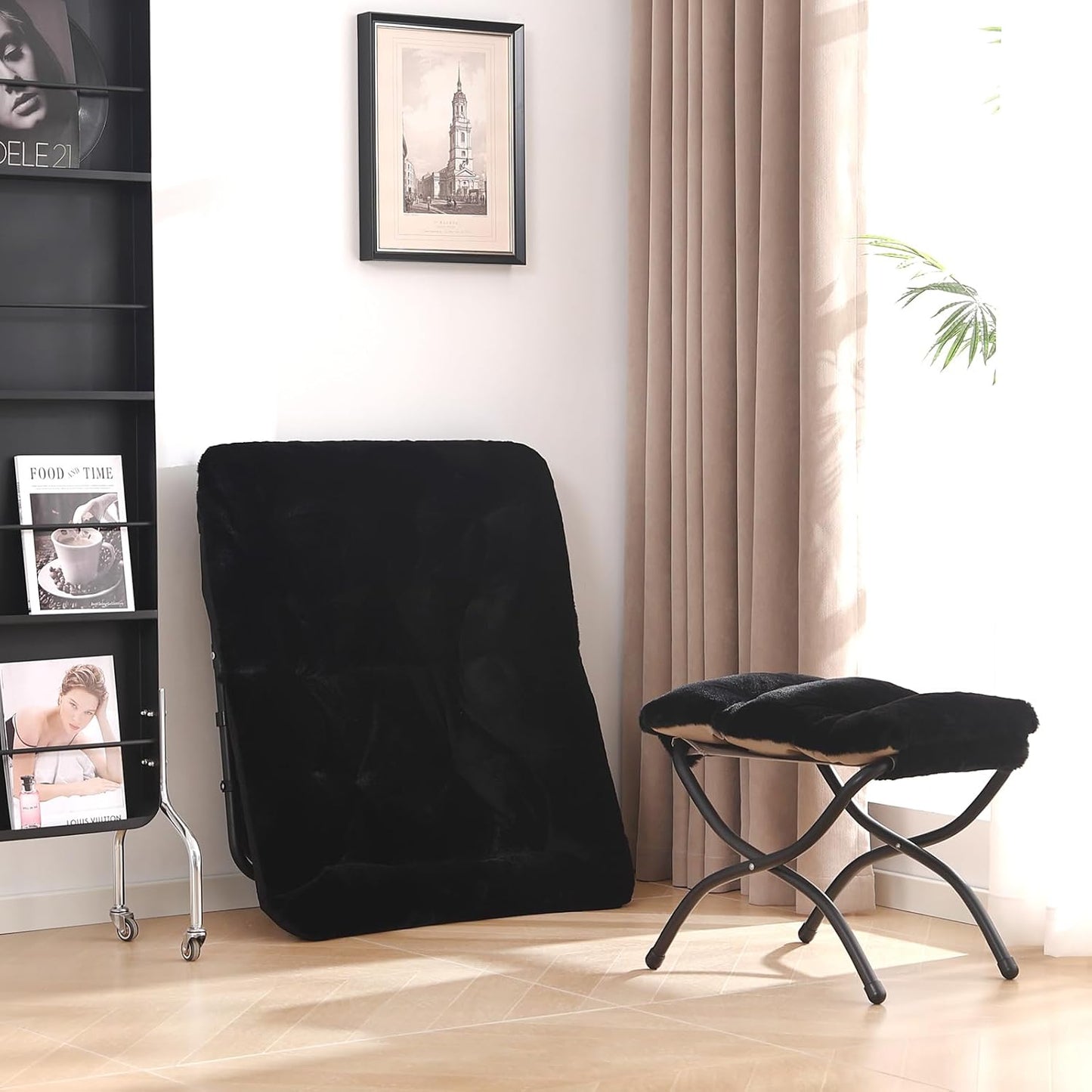 Comfy Saucer Chair with Ottoman, Oversized Folding Faux Fur Chair Soft Furry Lounge Lazy Chair with Metal Frame Moon Chair Accent Chair for Bedroom, Living Room, Dorm Rooms, Black