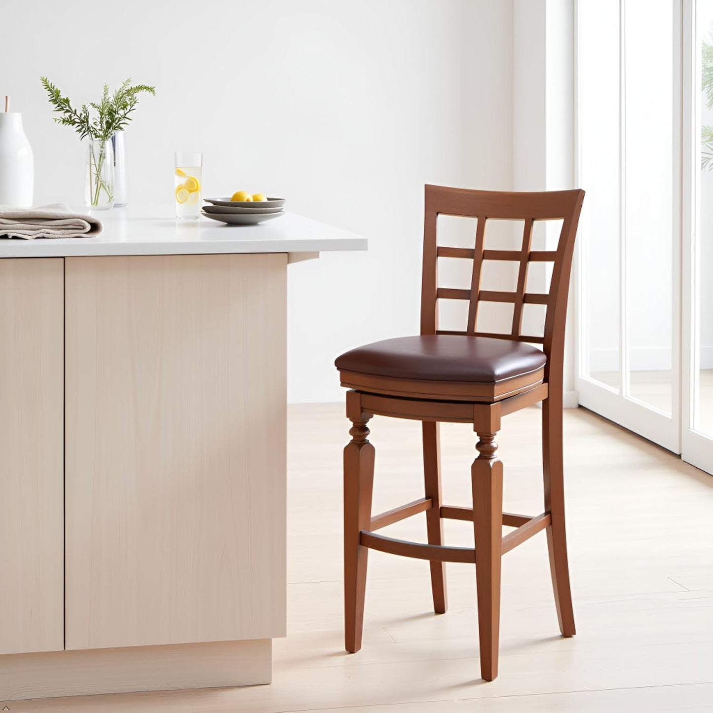 Alaterre Furniture Napa Bar Height Swivel Stool with Back – Faux Leather Upholstered Seat Barstool with Memory Return, Turned Wood Legs, Lattice Back Design, and Metal Kick Plate for Kitchen Islands