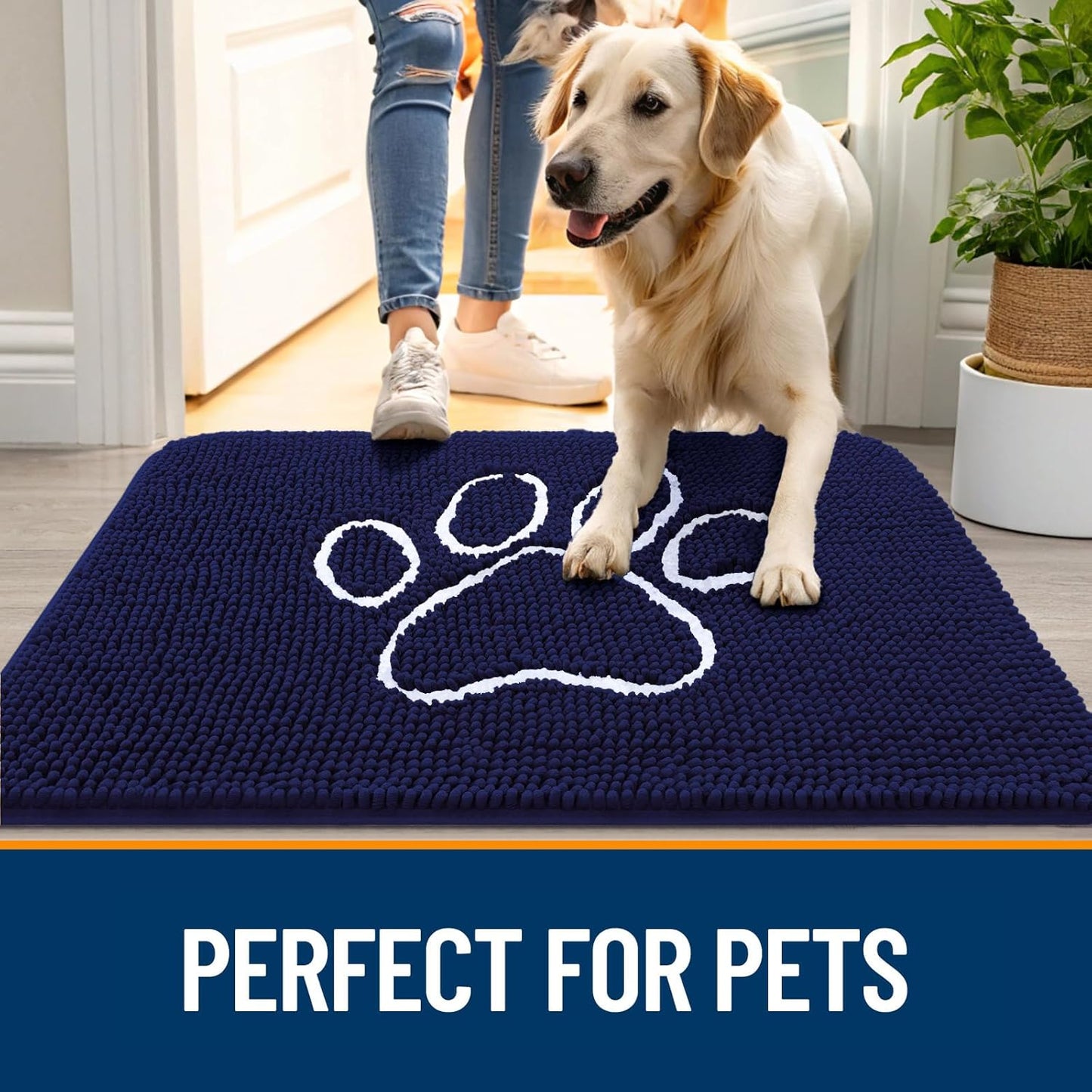 OLANLY Door Mat for Muddy Dog Paws 24x16, Ultra Absorbent Chenille Mud Doormat with Paw Print Design, Non-Slip Washable Doormat for Indoor Entryway, Quick-Dry Pet Bed Mats for Dirty Dogs, Navy Blue
