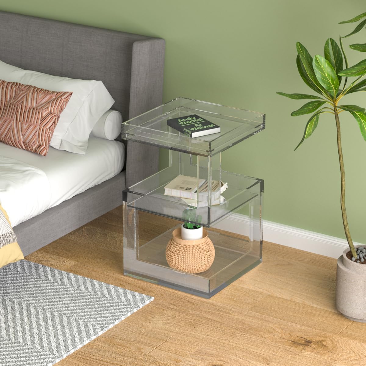Acrylic Side Table Modern Side Table Clear Nightstand Assembly Required Storage Table for Living Room Bedroom