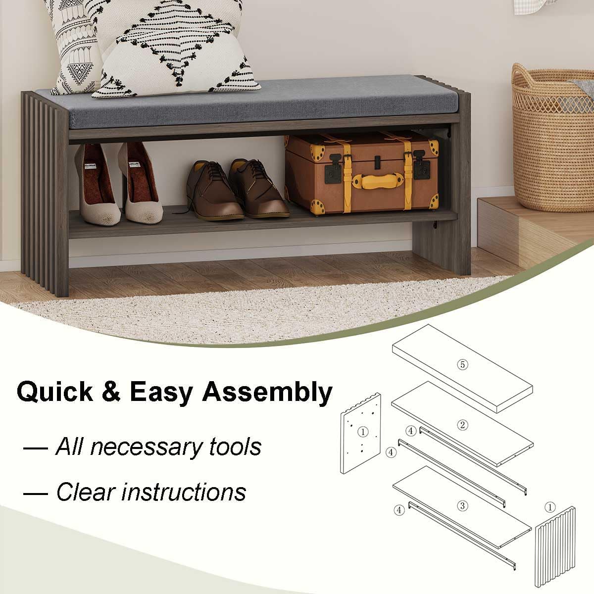 BON AUGURE Shoe Storage Bench, Entryway Bench with Cushion, Ottoman Benches for Bedroom, Living Room, Shoe Rack Seat for Hallway Entry (Greige Oak, 40 Inch Wide)