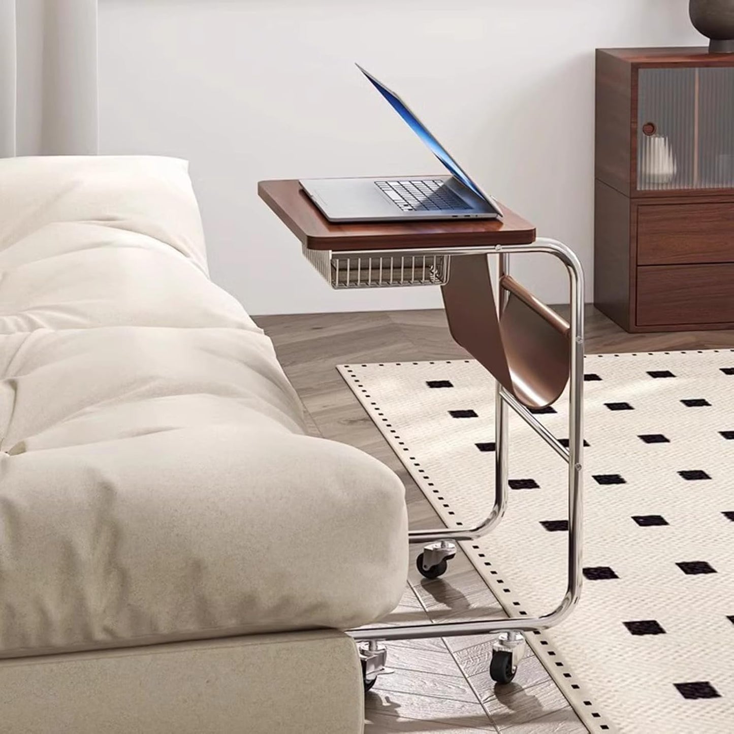 C-Shaped End Table, Sofa Side Table with Rotating Wheels, Rolling End Table with Storage, Small Couch Side Table for Bedroom, Swivel Tray Table for Living Room, Office