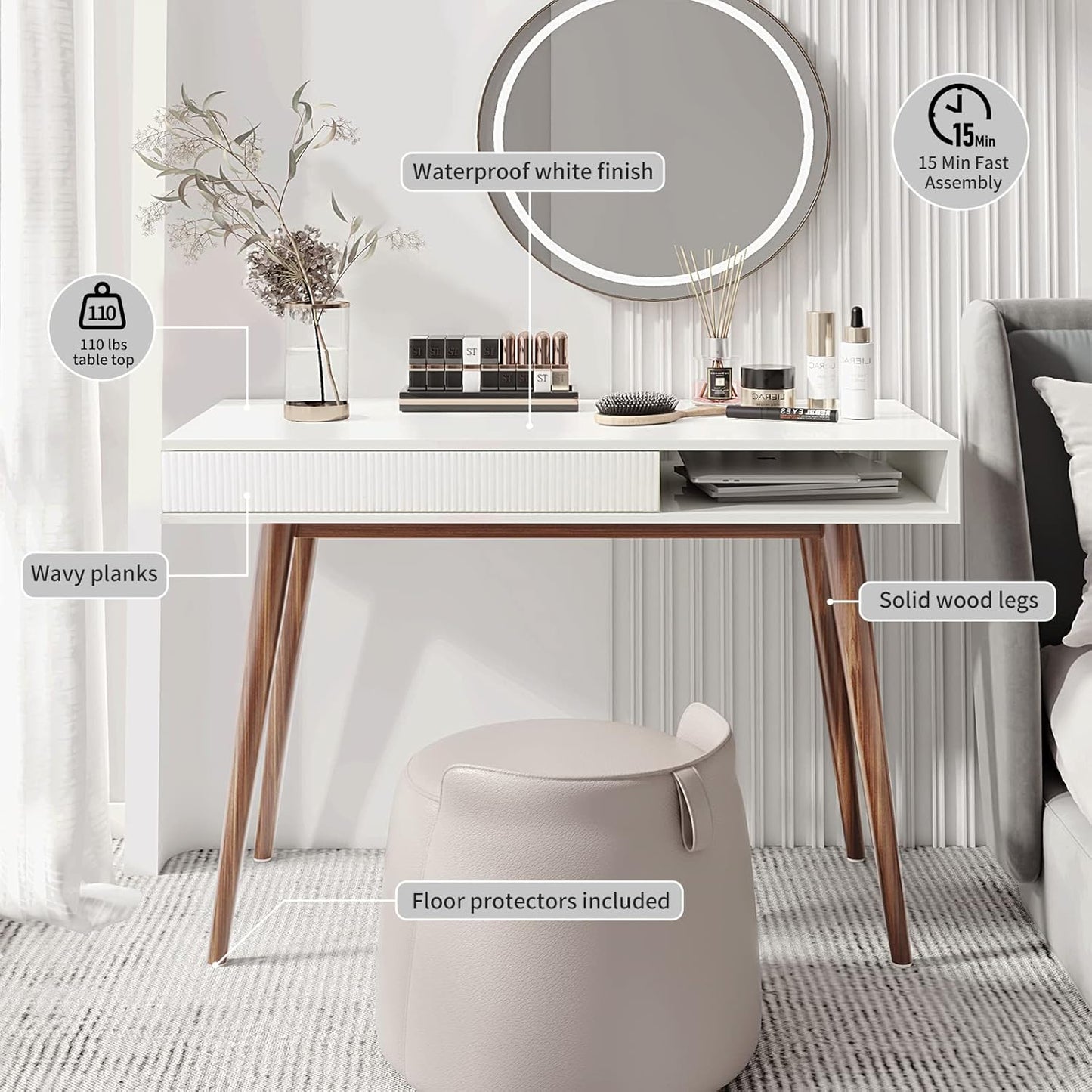 Artswish White Writing Desk with Drawers Mid Century Modern Desk, Wood Office Computer Desks for Small Space, White Desks with Walnut Legs