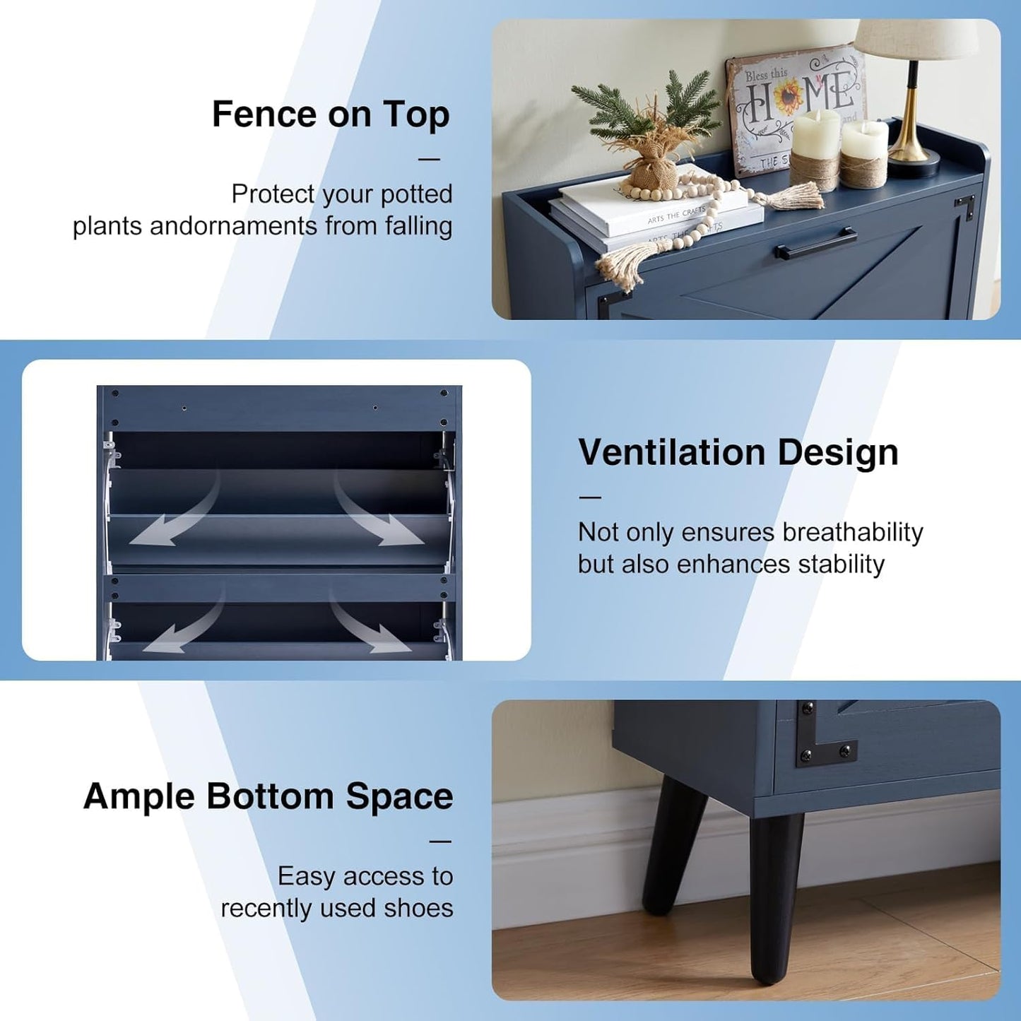 Shoe Storage Cabinet,Farmhouse Shoe Organizer with 2 Flip Drawers & Barn Door Design,Freestanding Hidden Slim Narrow Shoe Rack Cabinet for Entryway,Foyer,Hallway,Blue