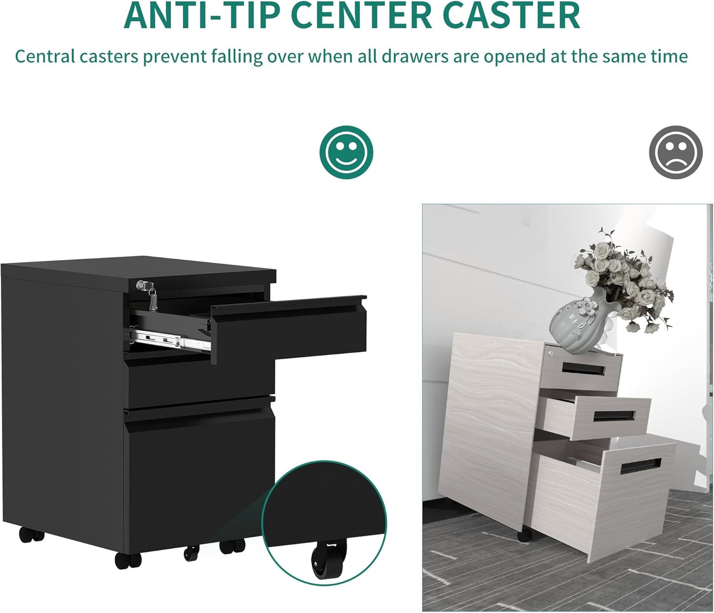 YITAHOME 3-Drawer Mobile File Cabinet with Lock, Office Storage Filing Cabinet for Legal/Letter Size, Pre-Assembled Metal File Cabinets Except Wheels Under Desk -Black