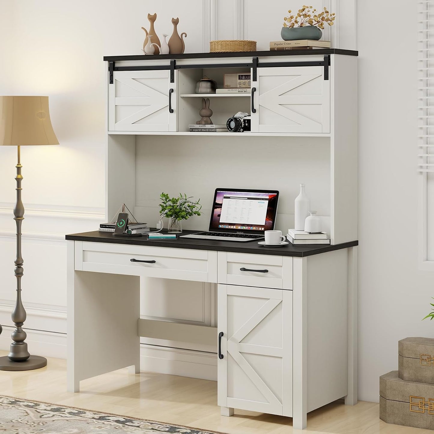 Farmhouse 47" Executive Desk, Computer Desk with Drawers and Storage Cabinet, Home Office Desks with Hutch and Charging Station, Workspace for Work & Study (Black).