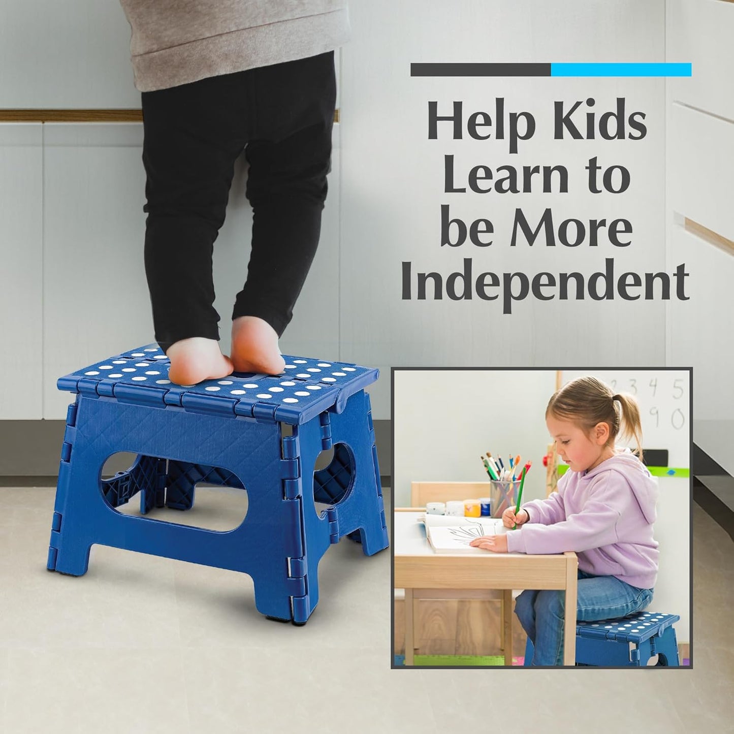 Handy Laundry Folding Lightweight Step Stool - Sturdy Enough to Support Adults and Safe Enough for Kids - Opens Easy with One Flip - Great for Kitchen, Bathroom or Bedroom (Blue | 2-Pack)