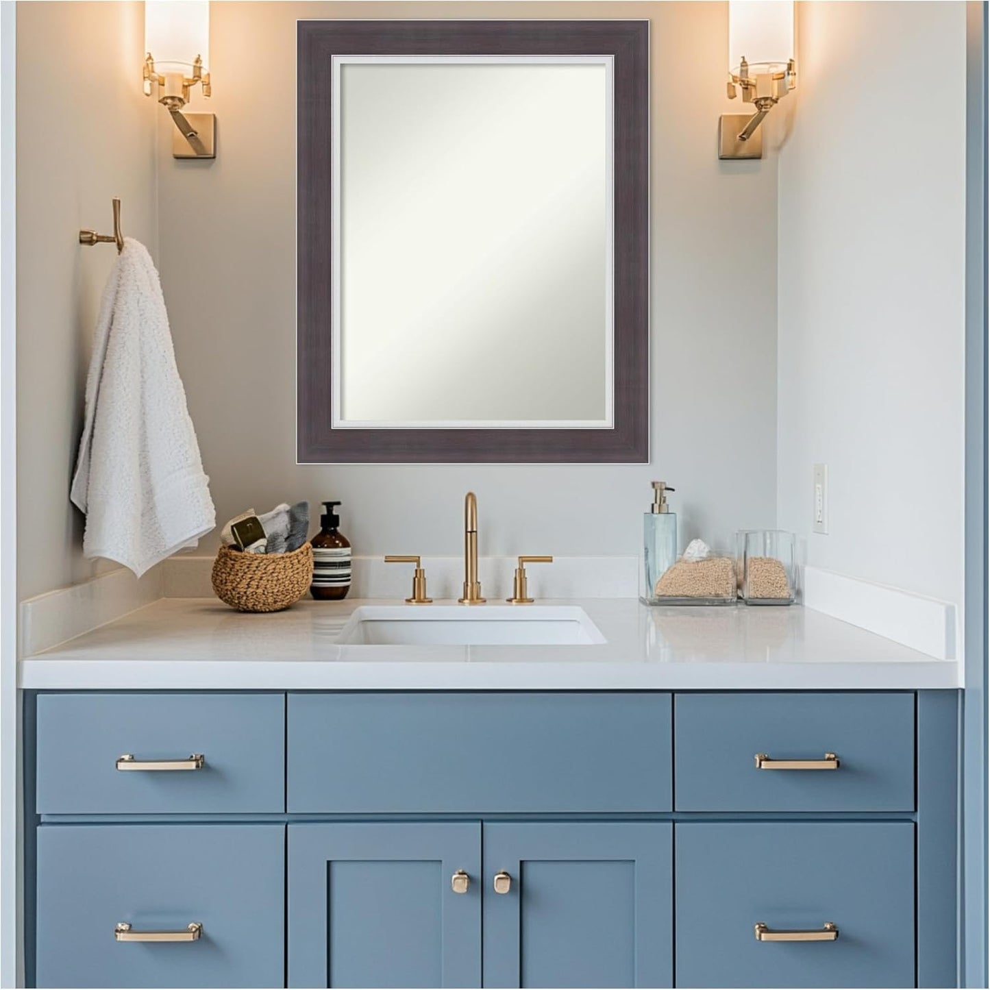 Amanti Art Brown Bathroom Mirror for Over Sink, 30x24 Ellie Brown Silver Rectangle Vanity Mirror, Medium Modern Frame, Hangs Horizonally and Vertically, Bathroom Wall Decor, Non-Beveled Edge