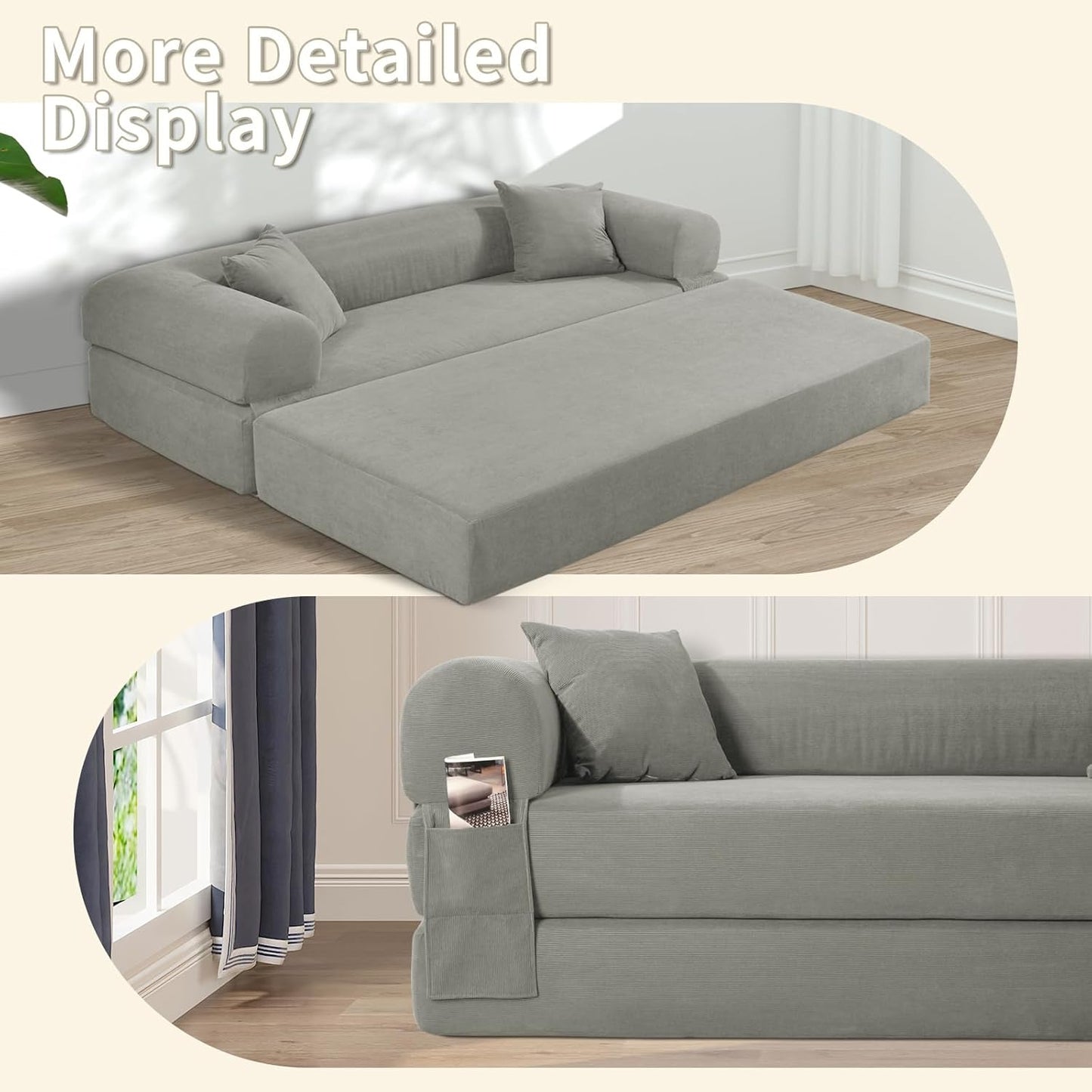 80" Convertible Sofa Bed, Corduroy Deep Seat Folding Pull Out Couch with Pillows, No Assembly Modern Boneless Couch Compression Sofa in Box, Floor Sofa with Storage Pocket for Living Room,Light grey