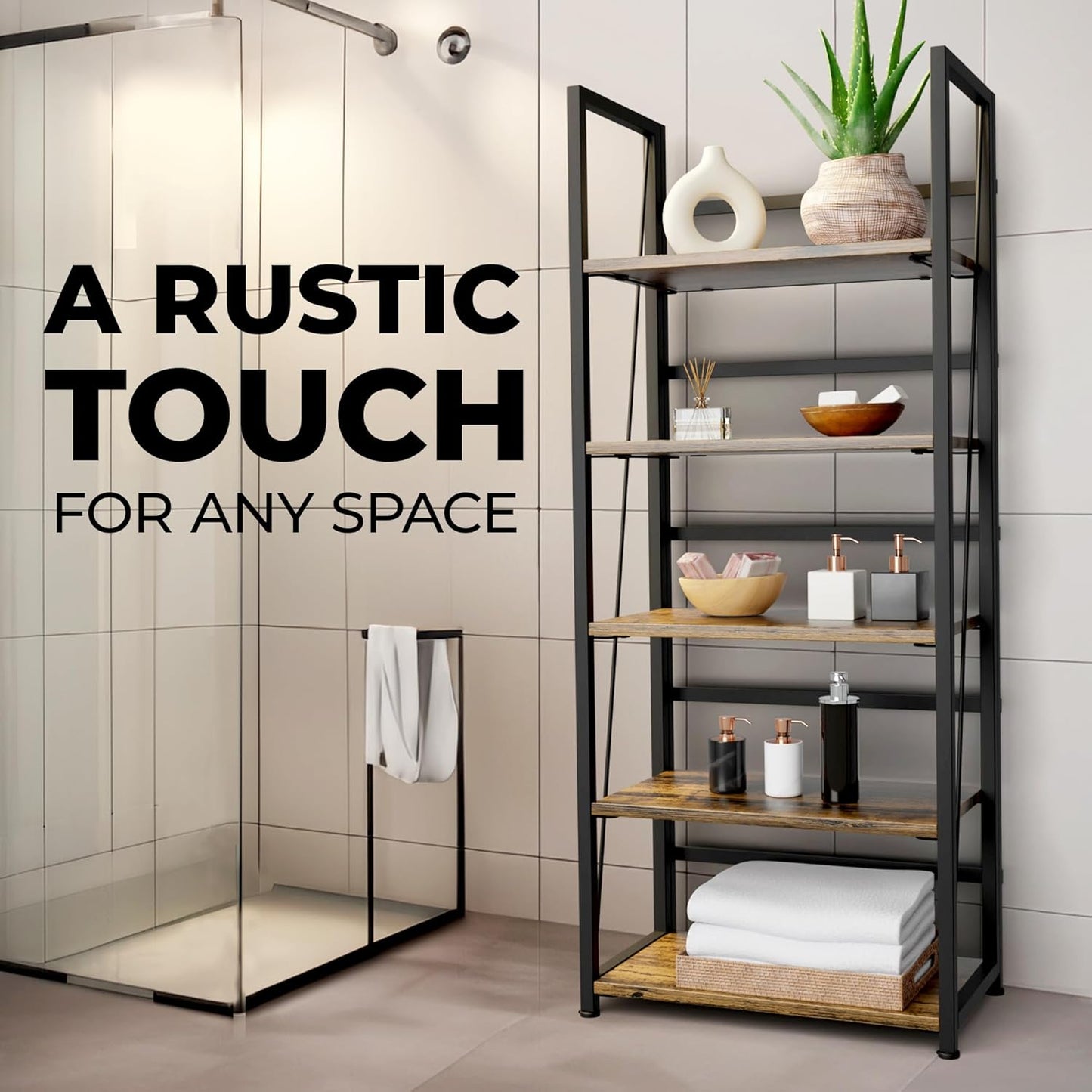 5 Tier Wood Book Shelf Organizer, No Assembly Bookshelf for Bedroom Living Room Office, Rustic Foldable Book Case, Tall Bookshelves, Open Book Shelves, Decorative Folding Shelf Display, Tall Bookcase