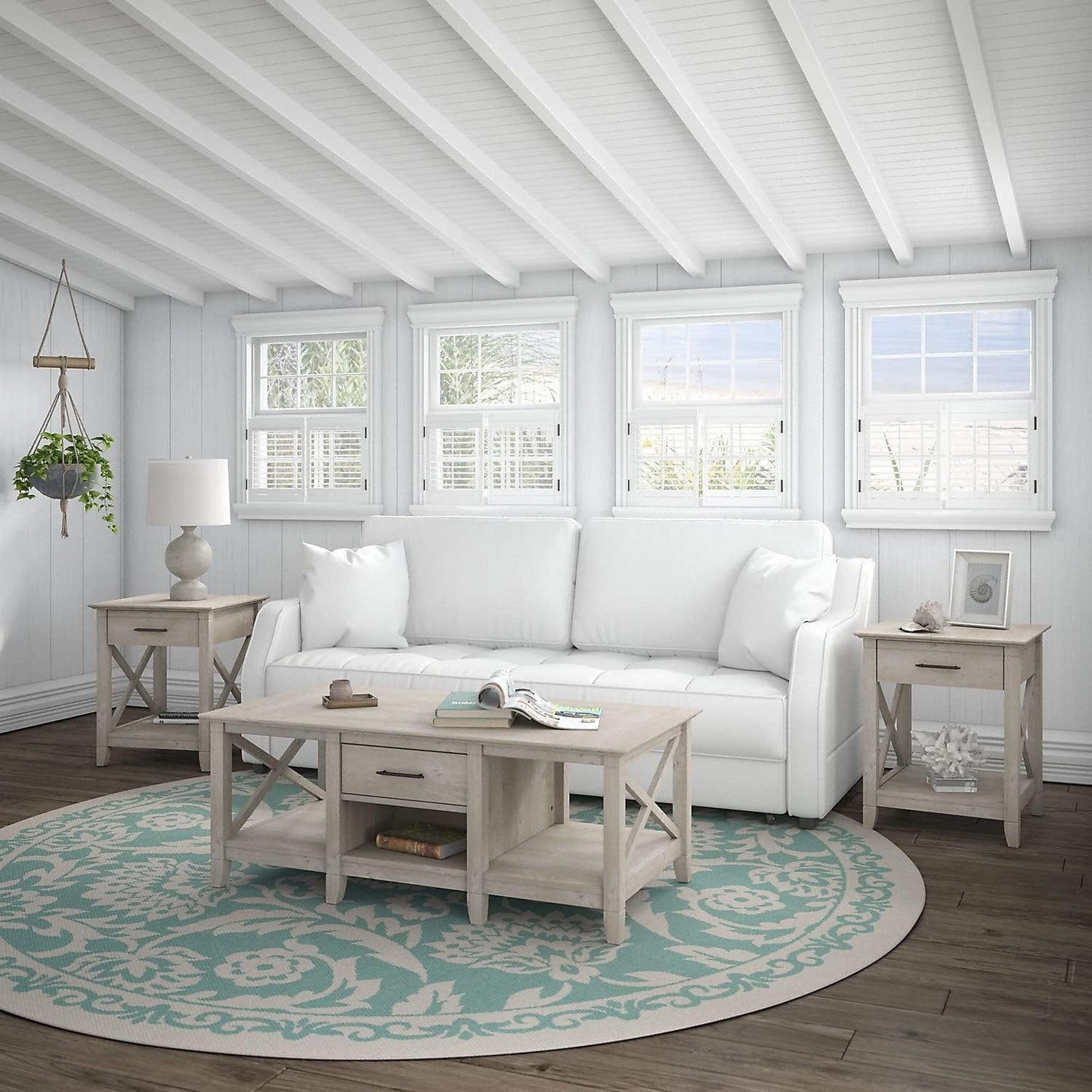 Bush Furniture Key West Coffee Table with Set of 2 End Tables, Washed Gray