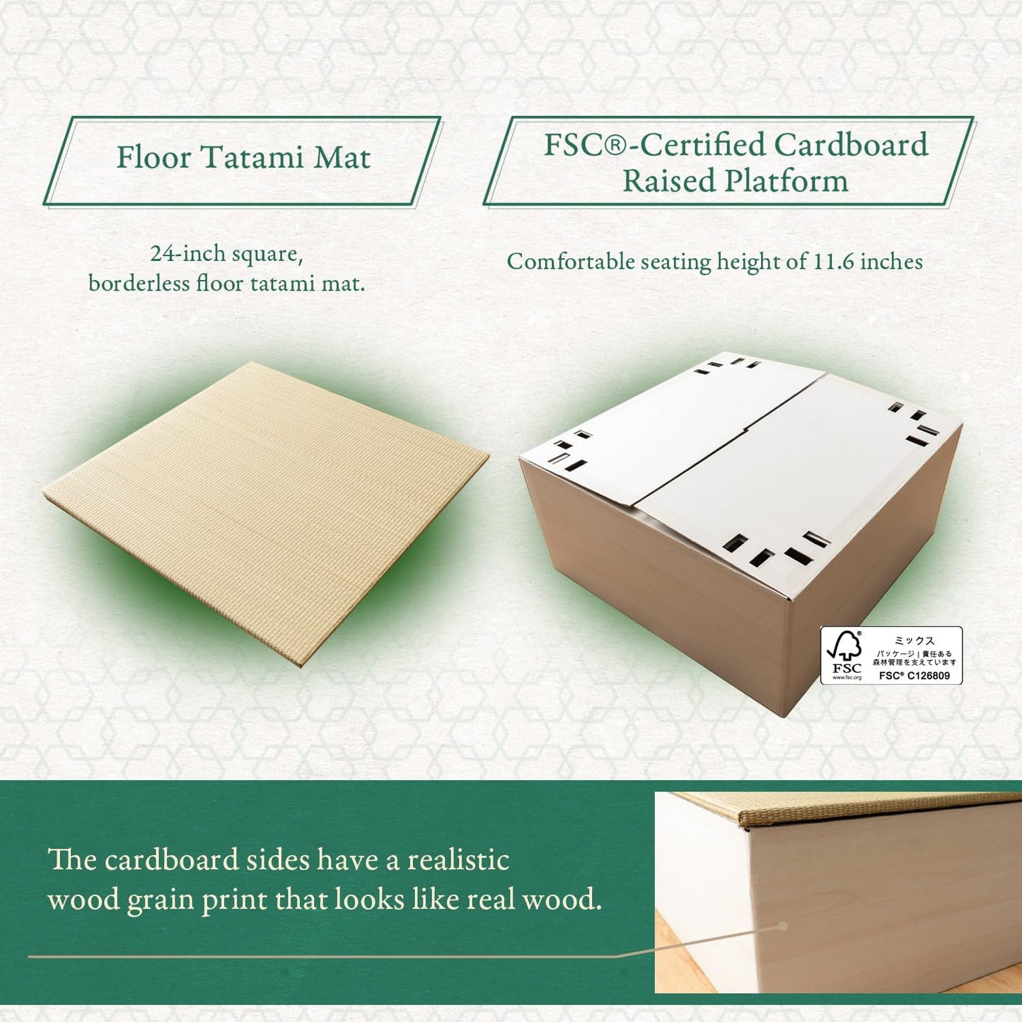 BJDesign Square Tatami Bench and Raised Platform Unit | Japanese Style Igusa Rush Grass Top | Wood Grain White, 24x24x11.6in | Easy Assembly, Durable | 1 Set