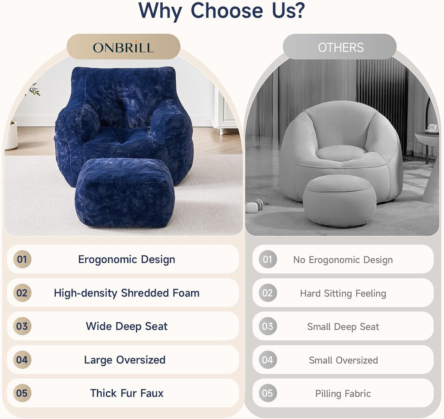 Giant Bean Bag Chairs for Adults with Ottoman, Faux Fur Boneless Chaise Couch Filler with Memory Foam,Large BeanBag Lounge Lazy Floor Sofa Accent Chair for Living Room,Bedroom & Game Rooms