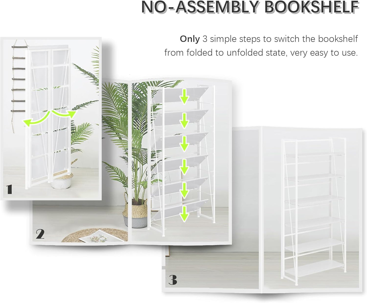 4NM No Assembly Folding Bookshelf, 6-Shelf 74" H Collapsible Foldable Bookcase Storage for Small Spaces, All White