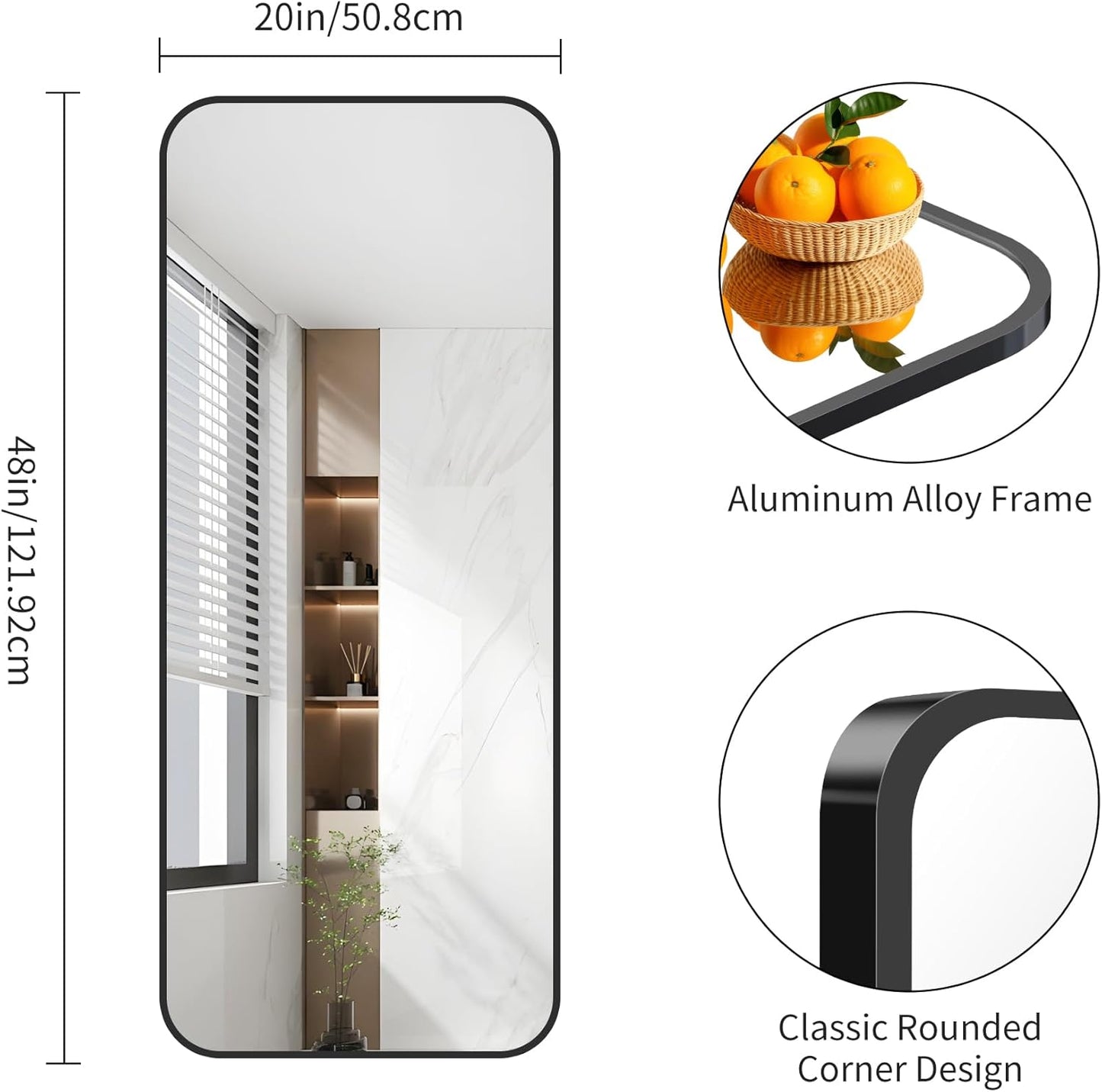 FORBATH Bathroom Mirror 20" x 48", Rectangle Black Bathroom Mirror with Black Aluminum Frame Rounded Corner, Wall Mounted Mirror for Bedroom Entryway Living Room