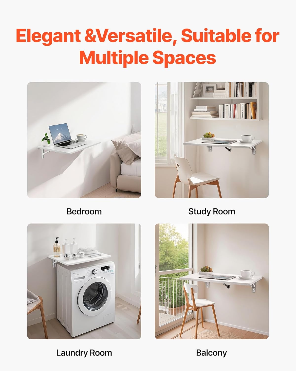 VEVOR Wall Mounted Folding Table, 23.6 x 15.7 inches Wall Mount Table, Floating Desk with Iron Bracket for Small Spaces, Home Office, Dining, Laundry Room, Kitchen, Bar, White