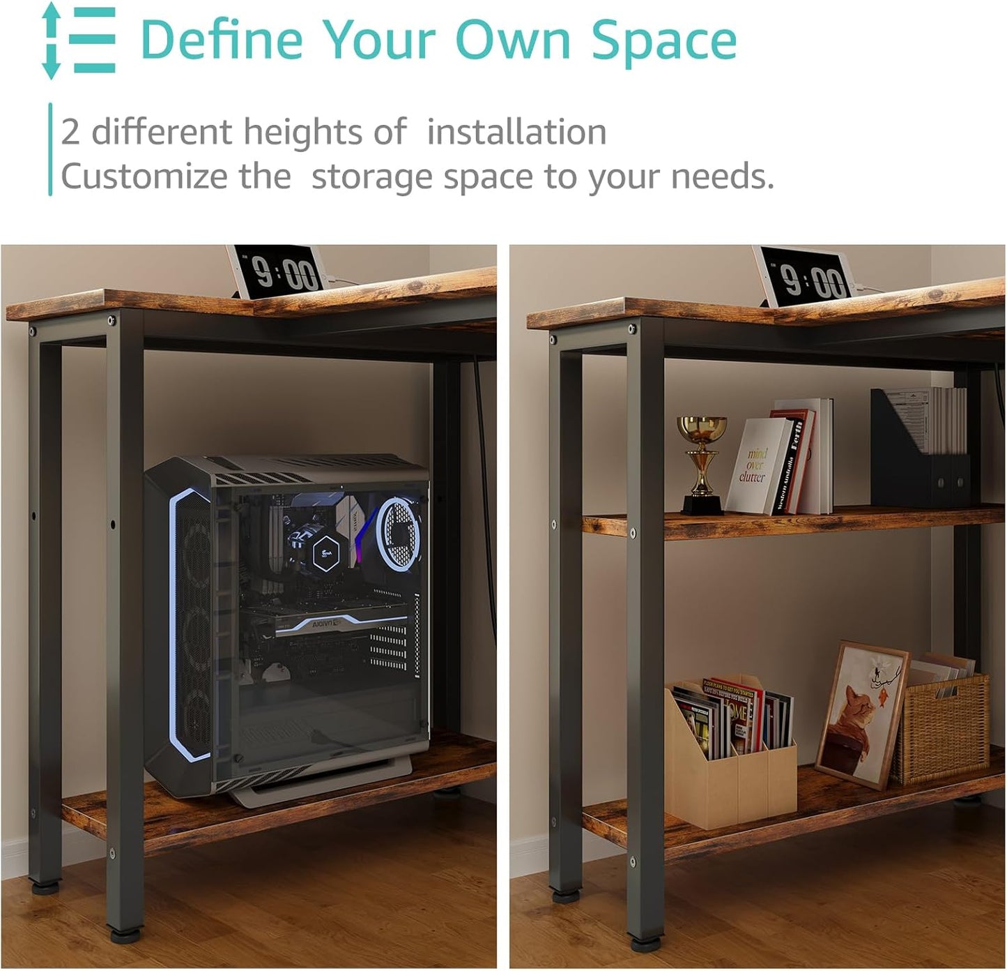 Lufeiya L Shaped Computer Desk with Drawers & Storage Shelves, 63 Inch Corner Desk with Power Outlet for Home Office Bedroom, L-Shaped Teen PC Gaming Desks with Fabric Drawer, Rustic Brown