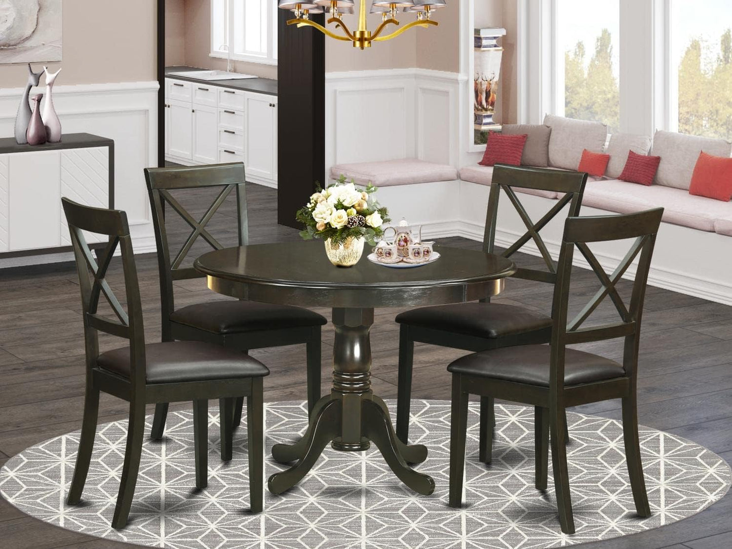 East West Furniture HLBO5-CAP-LC 5 Piece Dinette Set for 4 Includes a Round Dining Room Table with Pedestal and 4 Faux Leather Upholstered Dining Chairs, 42x42 Inch, Cappuccino
