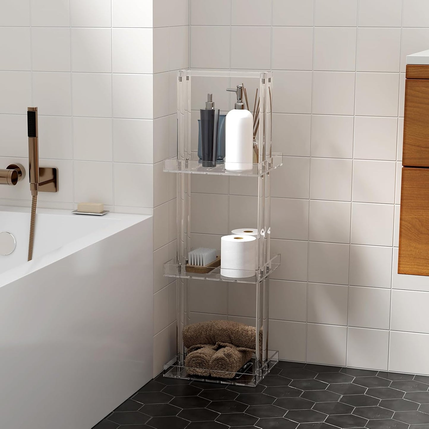 Aquiver Acrylic Standing Shower Caddy - 3 Tier Shower Organizer Stand with Handle - Corner Shower Caddy for Inside Bathroom, Bathtub, 11'' L x 10'' W x 34.6'' H, Clear