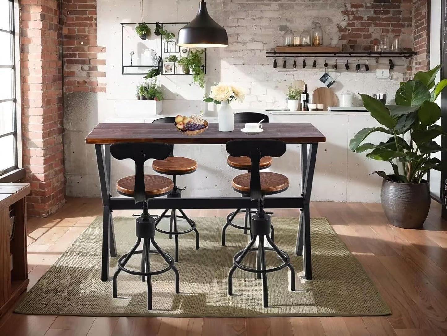 Bar Table, 63"L×41.33"H Bar Height Pub Table High Top Rectangular Sofa Console Table Kitchen Dining Coffee Table, for Narrow Space, Living Room, Indoor, Rustic Brown Wood, Industrial Black Metal